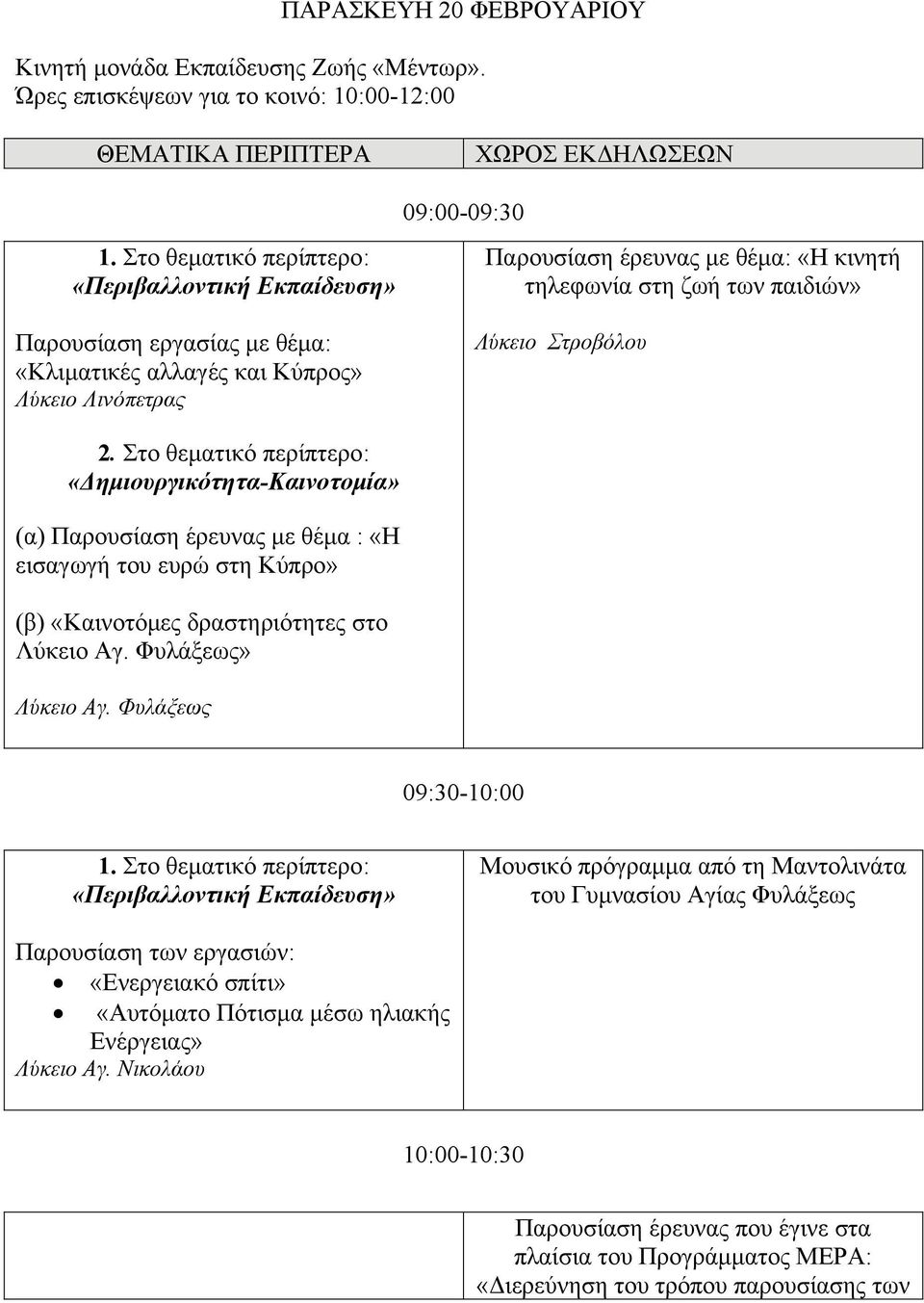 Λύκειο Στροβόλου 2. Στο θεματικό περίπτερο: (α) Παρουσίαση έρευνας με θέμα : «Η εισαγωγή του ευρώ στη Κύπρο» (β) «Καινοτόμες δραστηριότητες στο Λύκειο Αγ. Φυλάξεως» Λύκειο Αγ. Φυλάξεως 09:30-10:00 1.