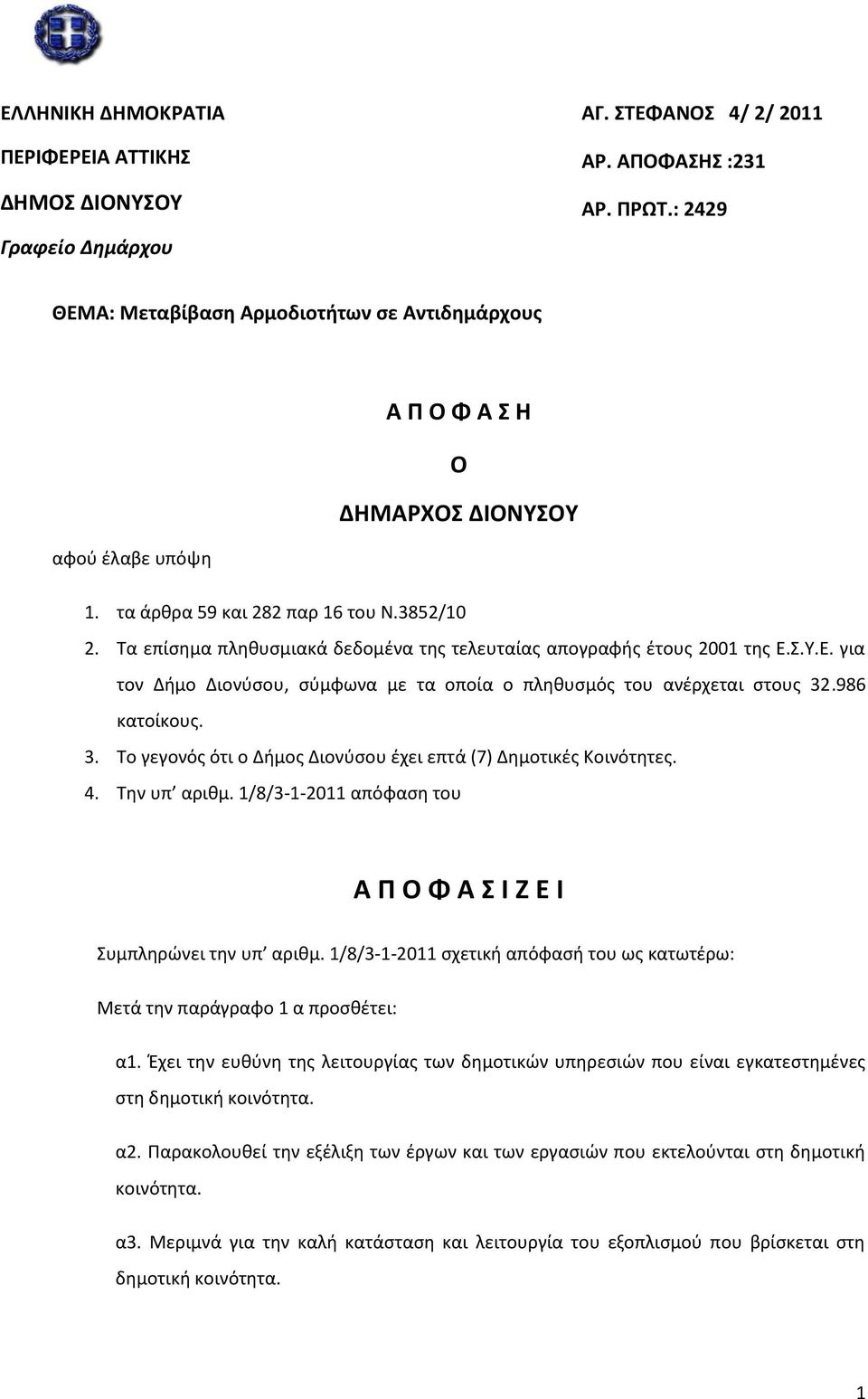 Σα επίςθμα πλθκυςμιακά δεδομζνα τθσ τελευταίασ απογραφισ ζτουσ 2001 τθσ Ε..Τ.Ε. για τον Διμο Διονφςου, ςφμφωνα με τα οποία ο πλθκυςμόσ του ανζρχεται ςτουσ 32