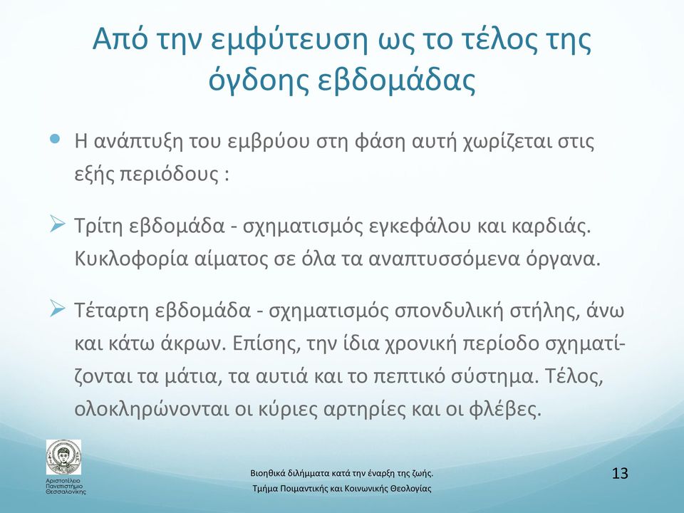 Κυκλοφορία αίματος σε όλα τα αναπτυσσόμενα όργανα.
