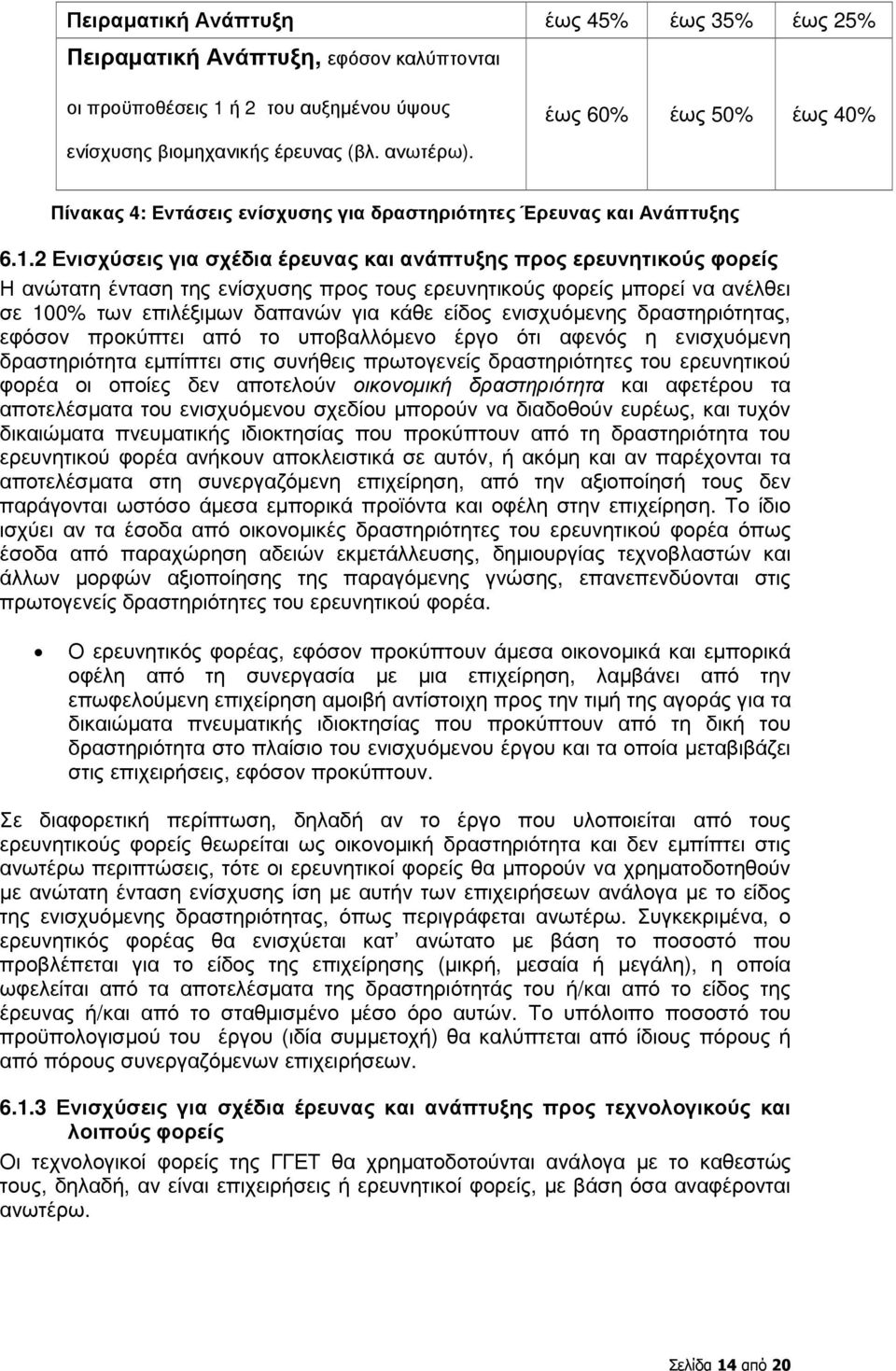 2 Ενισχύσεις για σχέδια έρευνας και ανάπτυξης προς ερευνητικούς φορείς Η ανώτατη ένταση της ενίσχυσης προς τους ερευνητικούς φορείς µπορεί να ανέλθει σε 100% των επιλέξιµων δαπανών για κάθε είδος