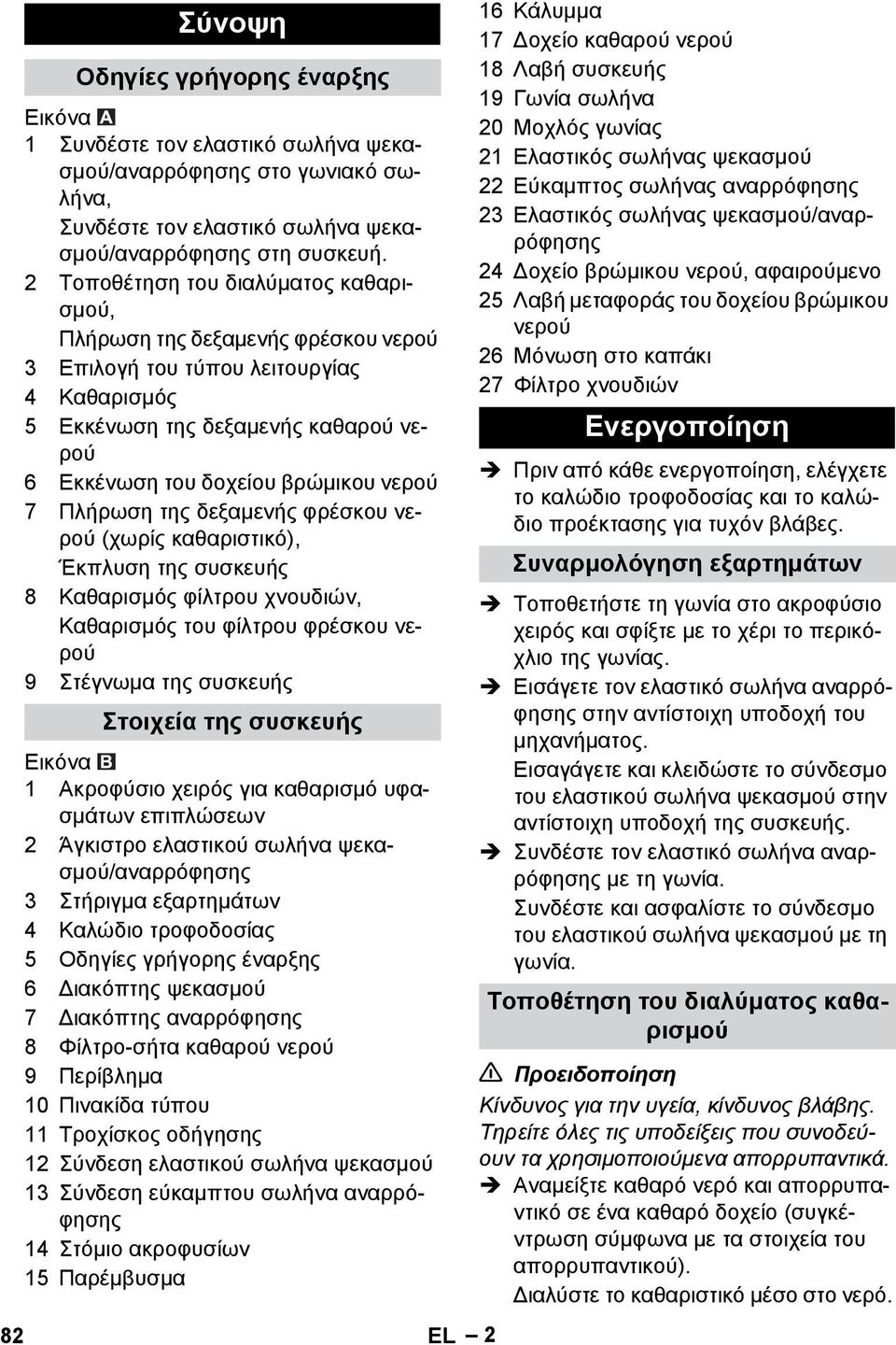 Πλήρωση της δεξαμενής φρέσκου νερού (χωρίς καθαριστικό), Έκπλυση της συσκευής 8 Καθαρισμός φίλτρου χνουδιών, Καθαρισμός του φίλτρου φρέσκου νερού 9 Στέγνωμα της συσκευής Στοιχεία της συσκευής Εικόνα