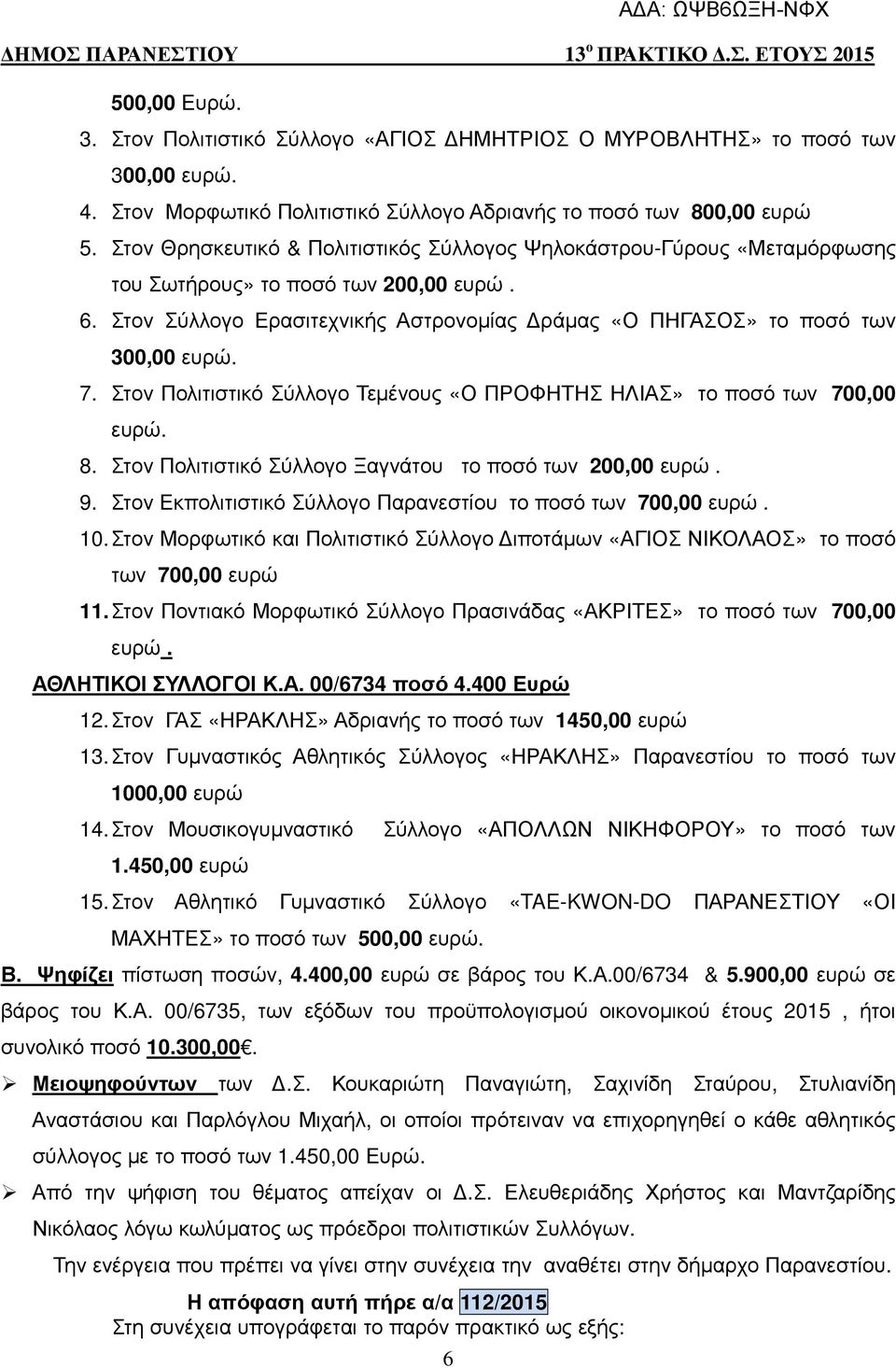 Στον Πολιτιστικό Σύλλογο Τεµένους «Ο ΠΡΟΦΗΤΗΣ ΗΛΙΑΣ» το ποσό των 700,00 8. Στον Πολιτιστικό Σύλλογο Ξαγνάτου το ποσό των 200,00 ευρώ. 9. Στον Εκπολιτιστικό Σύλλογο Παρανεστίου το ποσό των 700,00 ευρώ.