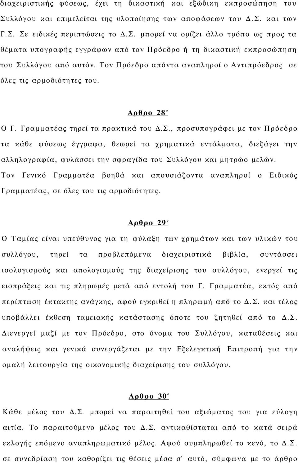 Τον Πρόεδρο απόντα αναπληροί ο Αντιπρόεδρος σε όλες τις αρμοδιότητες του. Αρθρο 28 Ο Γ. Γραμματέας τηρεί τα πρακτικά του Δ.Σ.