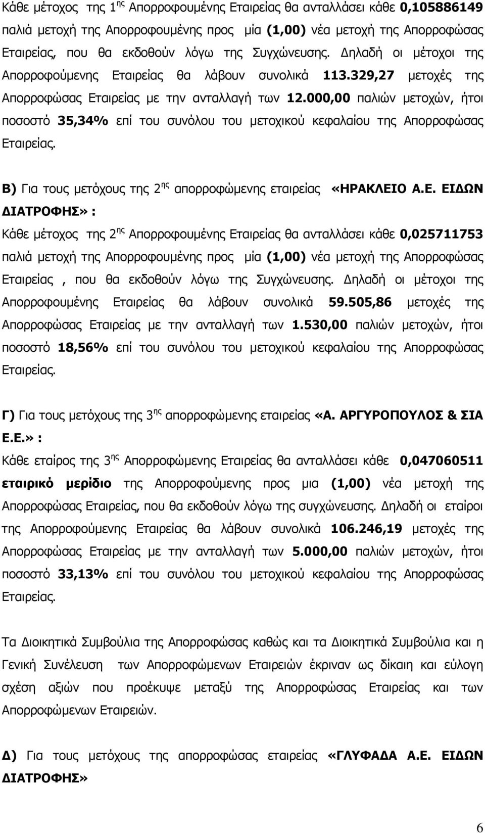 000,00 παλιών μετοχών, ήτοι ποσοστό 35,34% επί του συνόλου του μετοχικού κεφαλαίου της Απορροφώσας Ετ