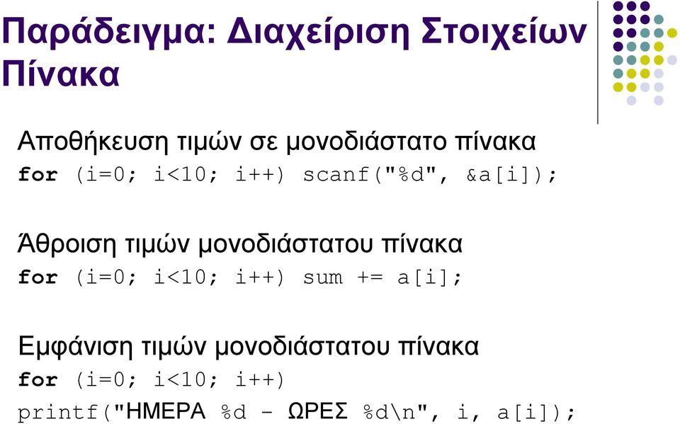 τιμών μονοδιάστατου πίνακα for (i=; i<1; i++) sum += a[i]; Εμφάνιση