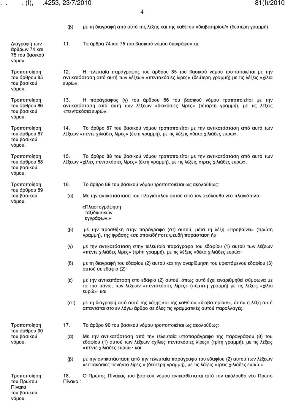 Η τελευταία παράγραφος του άρθρου 85 νόμου τροποποιείται με την αντικατάσταση από αυτή των λέξεων «πεντακόσιες λίρες» (δεύτερη γραμμή) με τις λέξεις «χίλια ευρώ». 13.