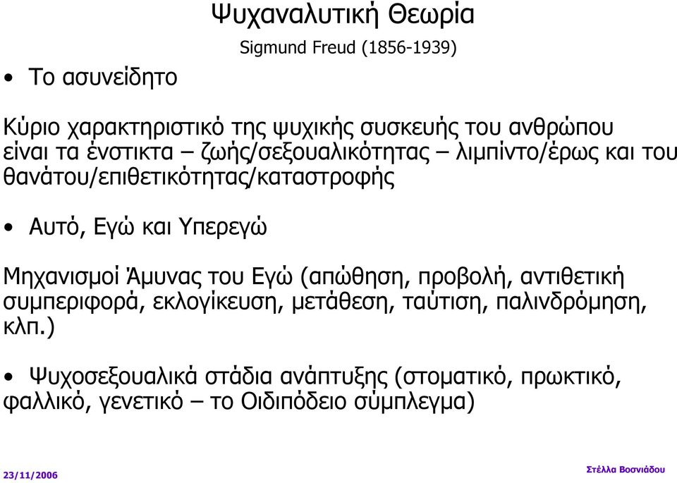 Μηχανισµοί Άµυνας του Εγώ (απώθηση, προβολή, αντιθετική συµπεριφορά, εκλογίκευση, µετάθεση, ταύτιση, παλινδρόµηση, κλπ.