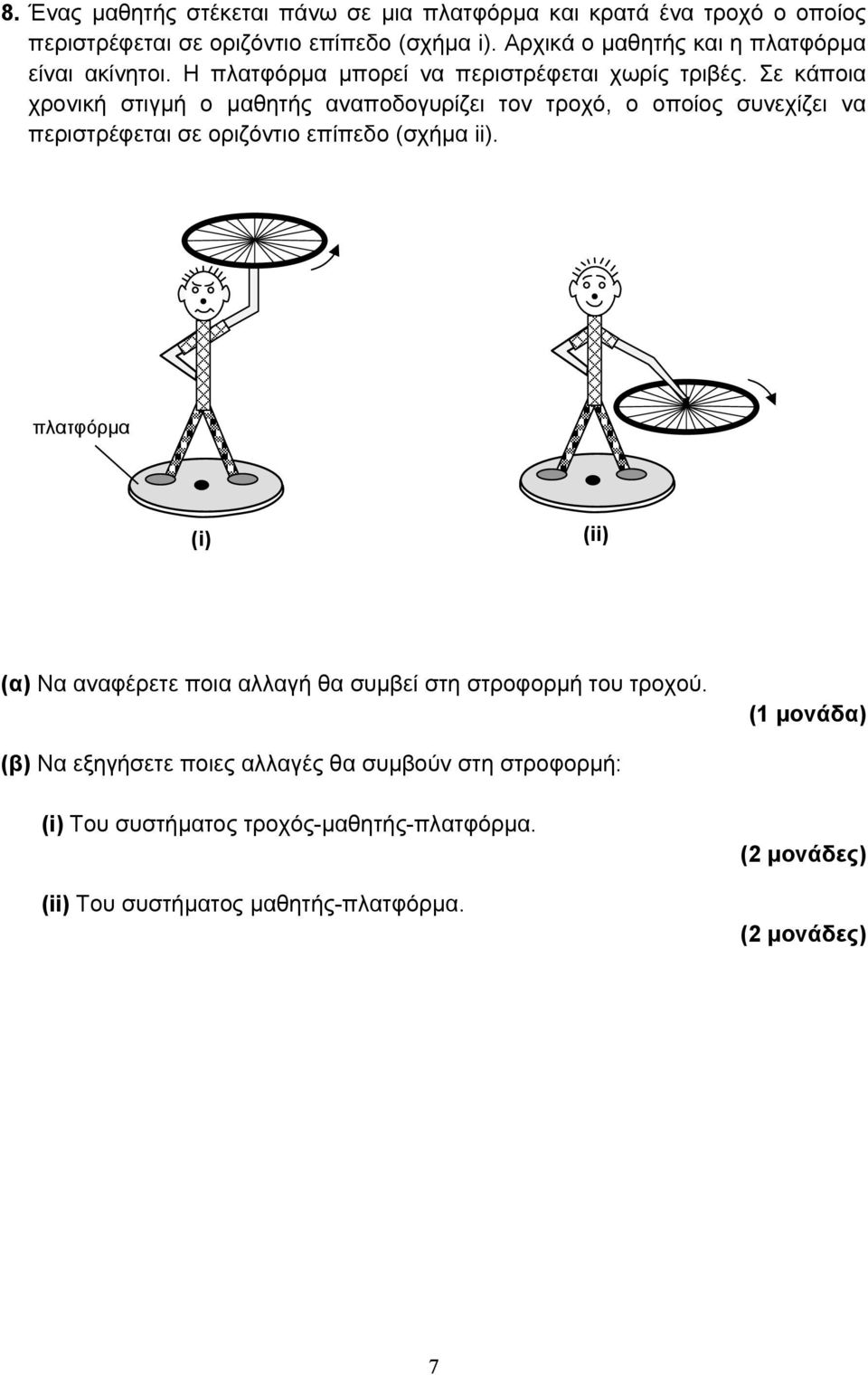 Σε κάποια χρονική στιγμή ο μαθητής αναποδογυρίζει τον τροχό, ο οποίος συνεχίζει να περιστρέφεται σε οριζόντιο επίπεδο (σχήμα ii).