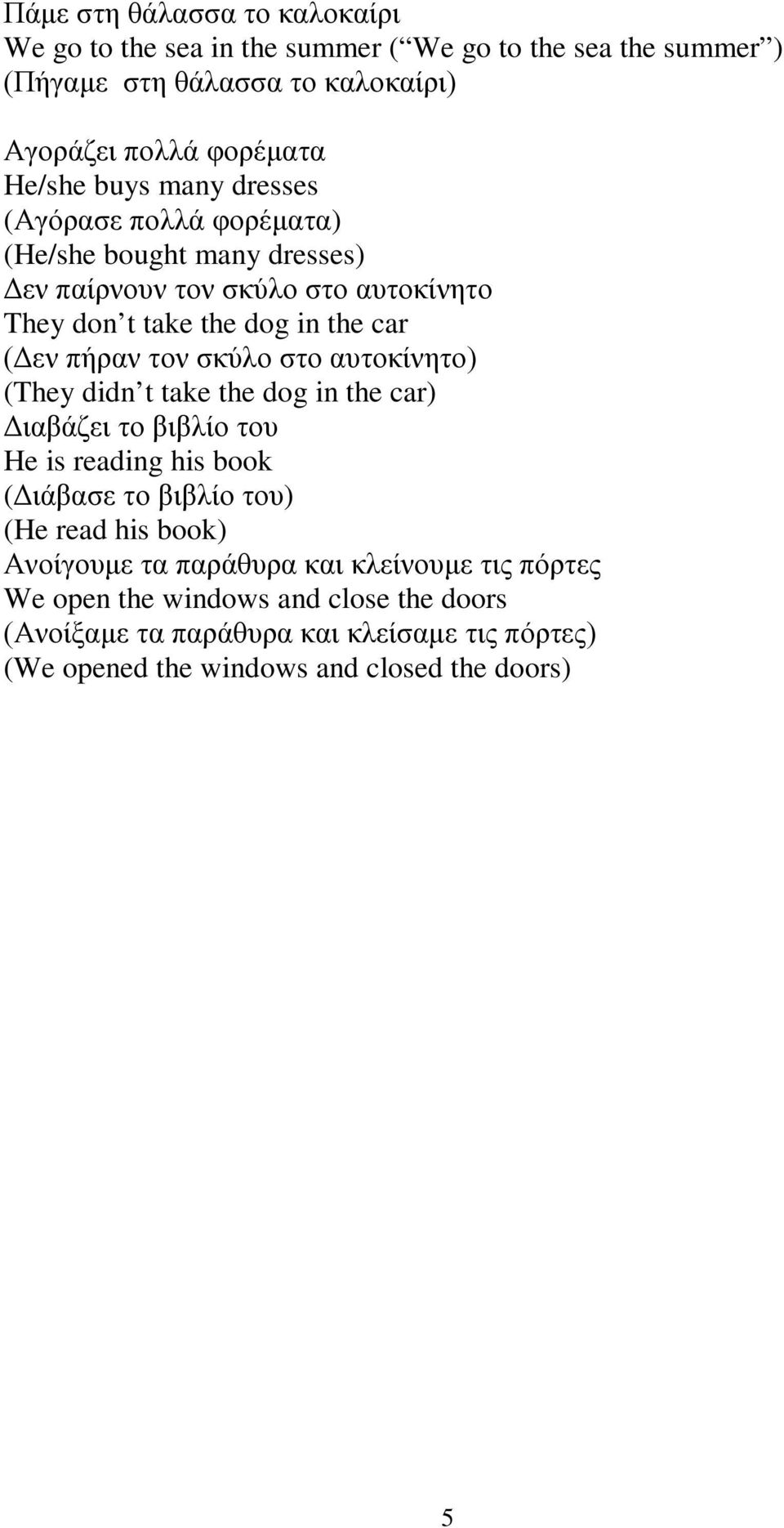σκύλο στο αυτοκίνητο) (They didn t take the dog in the car) Διαβάζει το βιβλίο του He is reading his book (Διάβασε το βιβλίο του) (He read his book) Ανοίγουμε τα