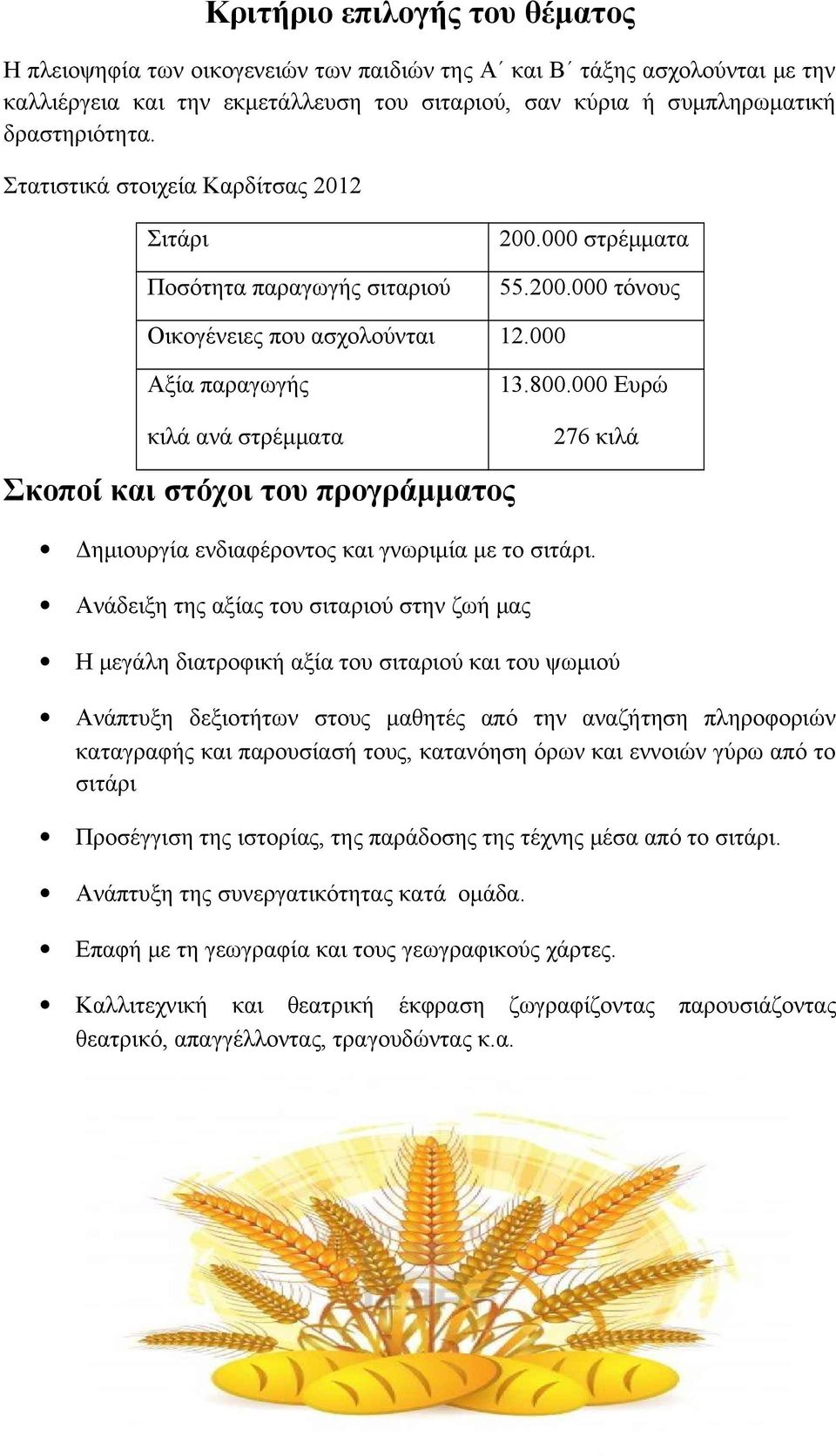 000 Ευρώ κιλά ανά στρέμματα 276 κιλά Σκοποί και στόχοι του προγράμματος Δημιουργία ενδιαφέροντος και γνωριμία με το σιτάρι.