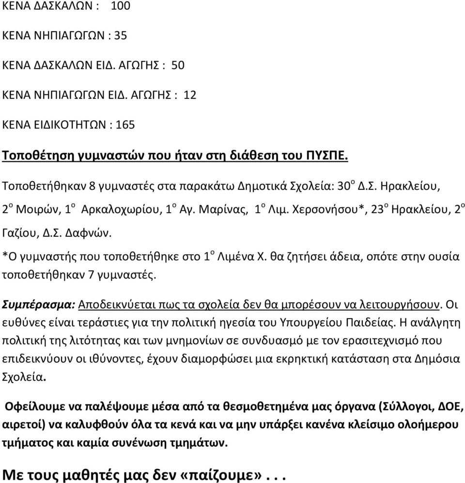 *Ο γυμναστής που τοποθετήθηκε στο 1 ο Λιμένα Χ. θα ζητήσει άδεια, οπότε στην ουσία τοποθετήθηκαν 7 γυμναστές. Συμπέρασμα: Αποδεικνύεται πως τα σχολεία δεν θα μπορέσουν να λειτουργήσουν.