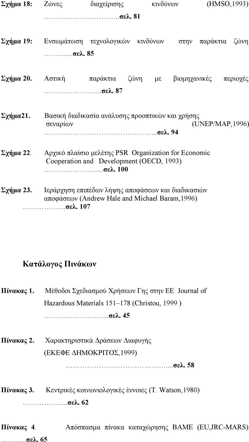 Ιεράρχηση επιπέδων λήψης αποφάσεων και διαδικασιών αποφάσεων (Andrew Hale and Michael Baram,1996)...σελ. 107 Κατάλογος Πινάκων Πίνακας 1.