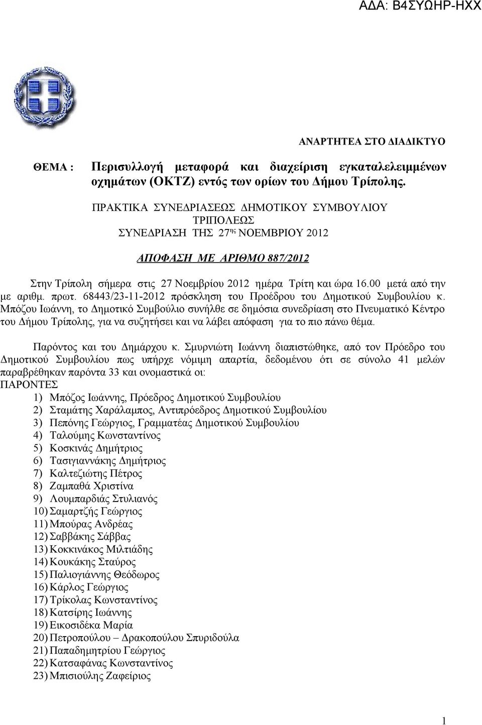 00 μετά από την με αριθμ. πρωτ. 68443/23-11-2012 πρόσκληση του Προέδρου του Δημοτικού Συμβουλίου κ.