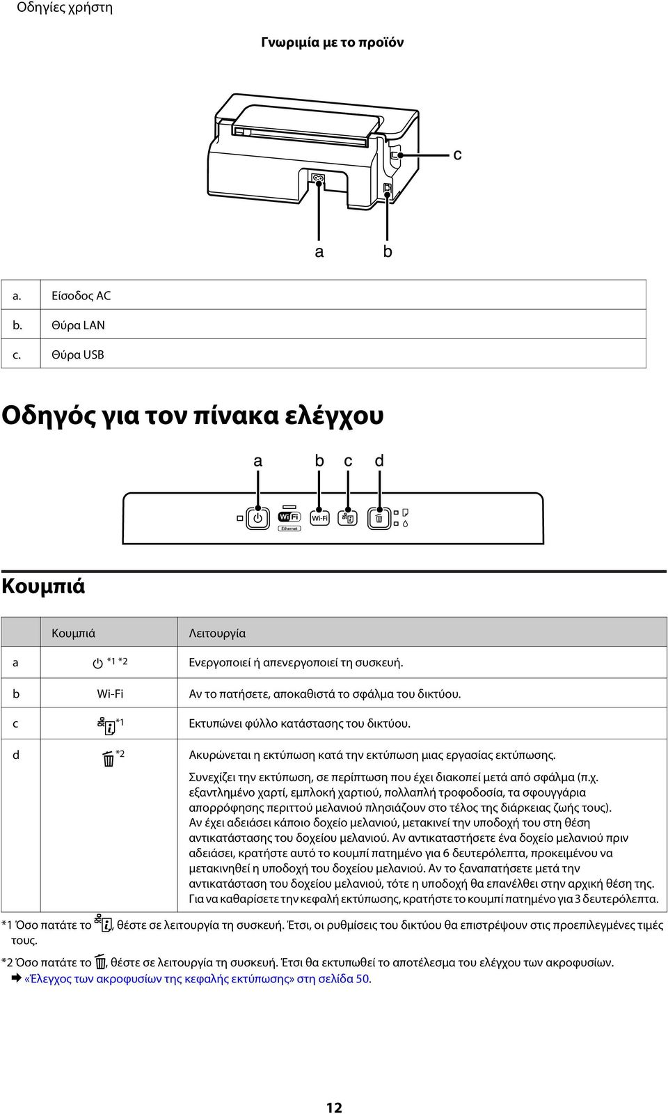 Συνεχίζει την εκτύπωση, σε περίπτωση που έχει διακοπεί μετά από σφάλμα (π.χ. εξαντλημένο χαρτί, εμπλοκή χαρτιού, πολλαπλή τροφοδοσία, τα σφουγγάρια απορρόφησης περιττού μελανιού πλησιάζουν στο τέλος της διάρκειας ζωής τους).