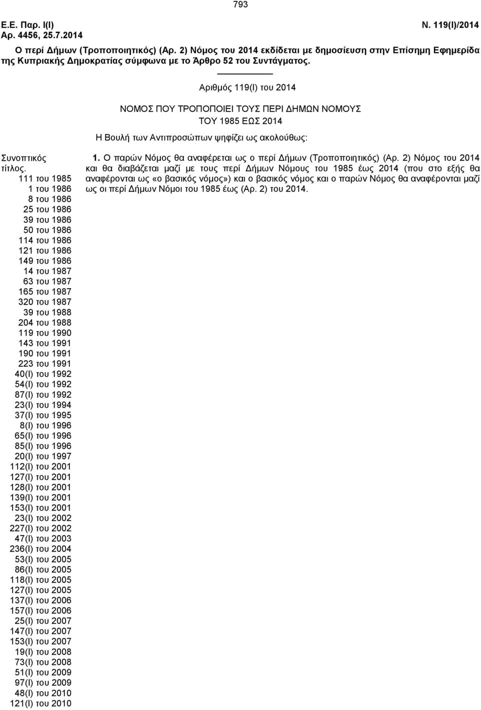 Αξηζκφο 119(Η) ηνπ 2014 ΝΟΜΟ ΠΟΤ ΣΡΟΠΟΠΟΗΔΗ ΣΟΤ ΠΔΡΗ ΓΖΜΧΝ ΝΟΜΟΤ ΣΟΤ 1985 ΔΧ 2014 Ζ Βνπιή ησλ Αληηπξνζψπσλ ςεθίδεη σο αθνινχζσο: πλνπηηθφο ηίηινο.