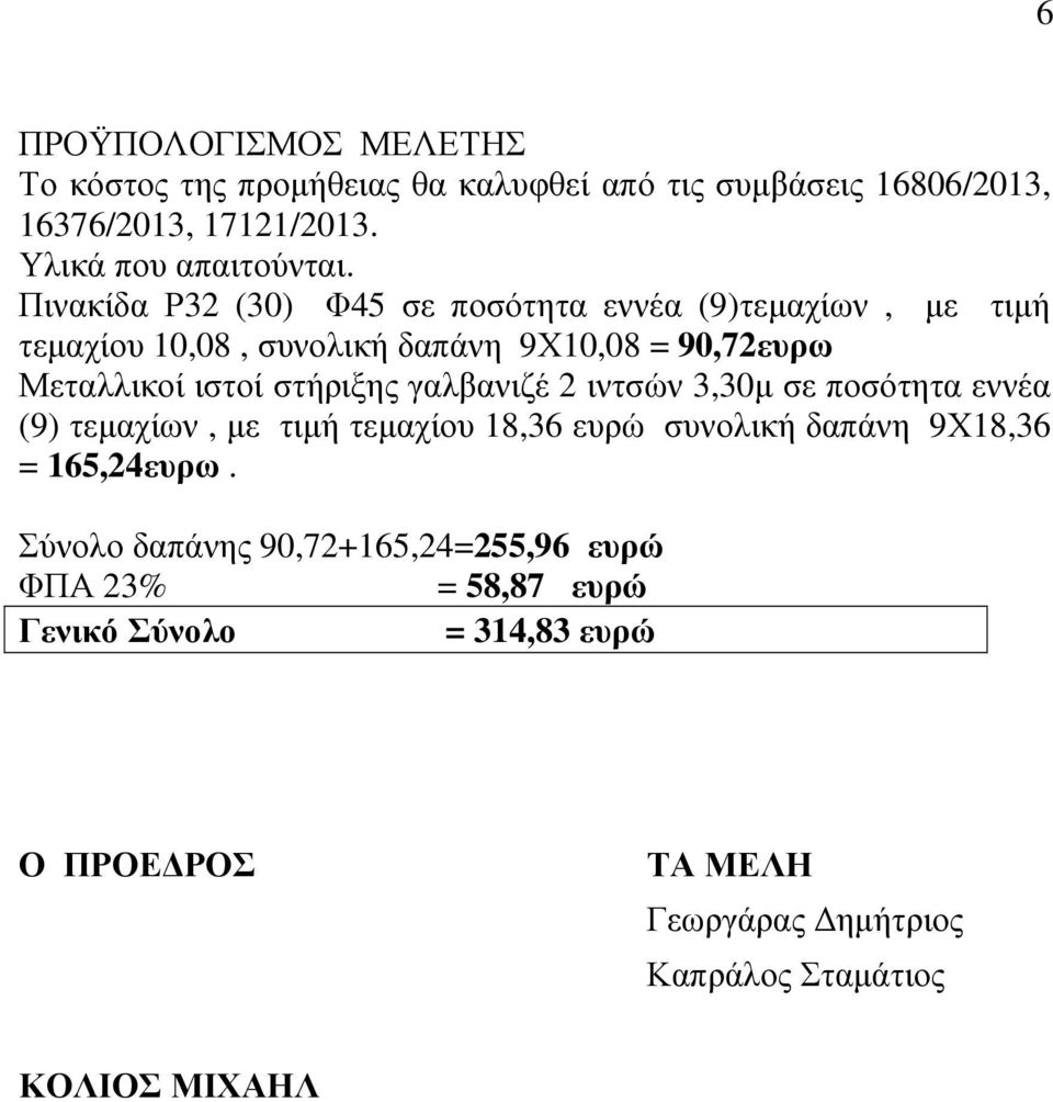γαλβανιζέ 2 ιντσών 3,30µ σε ποσότητα εννέα (9) τεµαχίων, µε τιµή τεµαχίου 18,36 ευρώ συνολική δαπάνη 9Χ18,36 = 165,24ευρω.