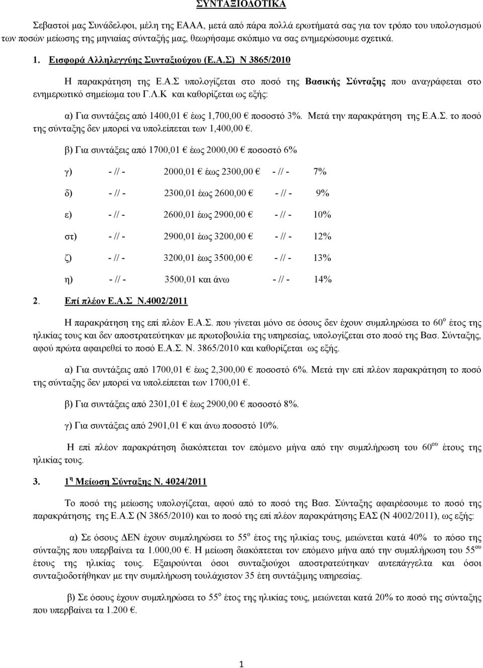 Κ και καθορίζεται ως εξής: α) Για συντάξεις από 1400,01 έως 1,700,00 ποσοστό 3%. Μετά την παρακράτηση της Ε.Α.Σ. το ποσό της σύνταξης δεν μπορεί να υπολείπεται των 1,400,00.