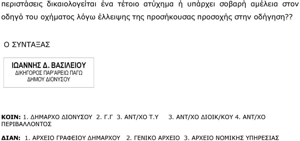 ΒΑΣΙΛΕΙΟΥ ΙΚΗΓΟΡΟΣ ΠΑΡ ΑΡΕΙΩ ΠΑΓΩ ΗΜΟΥ ΙΟΝΥΣΟΥ ΚΟΙΝ: 1. ΗΜΑΡΧΟ ΙΟΝΥΣΟΥ 2. Γ.Γ 3. ΑΝΤ/ΧΟ Τ.