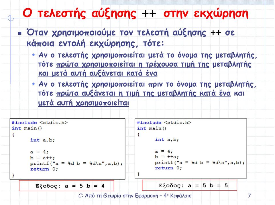 της µεταβλητής και µετά αυτή αυξάνεται κατά ένα Αν ο τελεστής χρησιµοποιείται πριν το όνοµα της µεταβλητής,