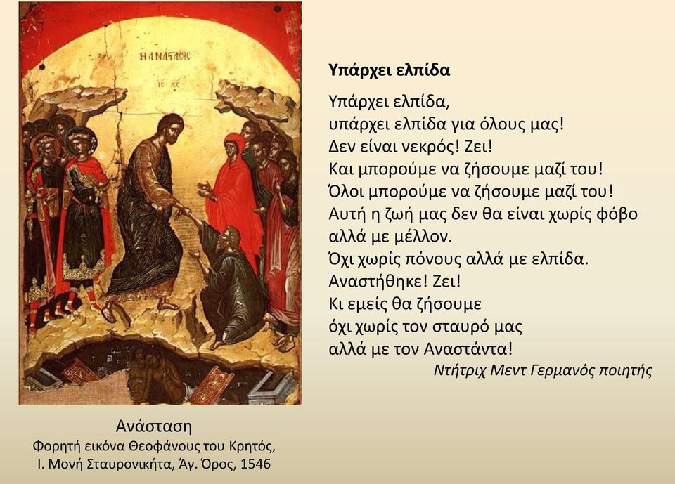 Αυτή η ζωή μας δεν θα είναι χωρίς φόβο αλλά με μέλλον. Όχι χωρίς πόνους αλλά με ελπίδα. Αναστήθηκε! Ζει!
