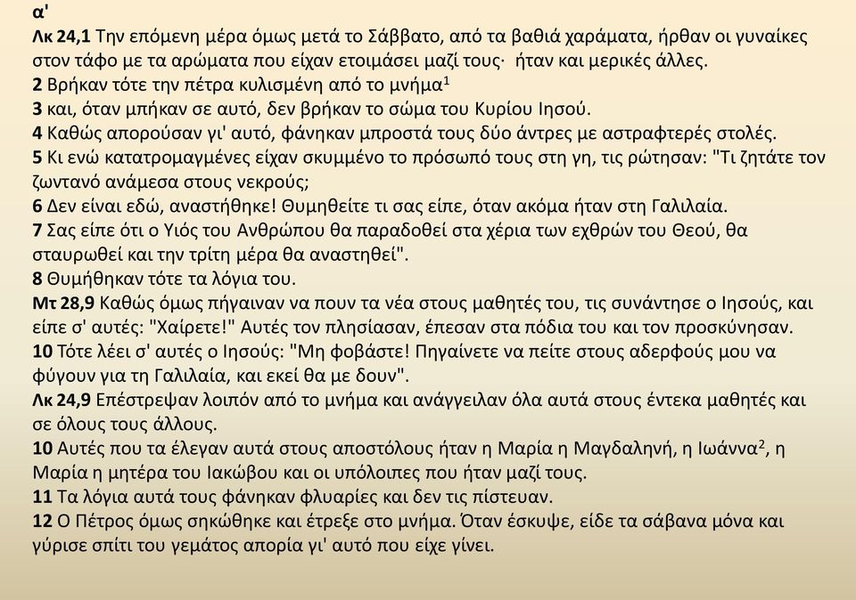 5 Κι ενώ κατατρομαγμένες είχαν σκυμμένο το πρόσωπό τους στη γη, τις ρώτησαν: "Τι ζητάτε τον ζωντανό ανάμεσα στους νεκρούς; 6 Δεν είναι εδώ, αναστήθηκε!