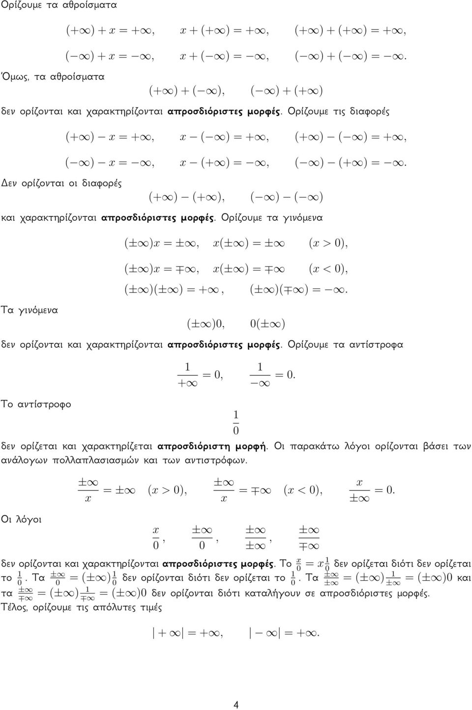 (+ ) (+ ), ( ) ( ) και χαρακτηρίζονται απροσδιόριστες μορφές. Ορίζουμε τα γινόμενα Τα γινόμενα (± )x = ±, x(± ) = ± (x > 0), (± )x =, x(± ) = (x < 0), (± )(± ) = +, (± )0, (± )( ) =.