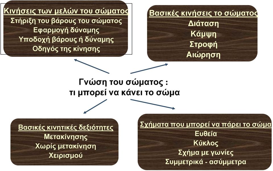 σώματος : τι μπορεί να κάνει το σώμα Βασικές κινητικές δεξιότητες Μετακίνησης Χωρίς μετακίνηση