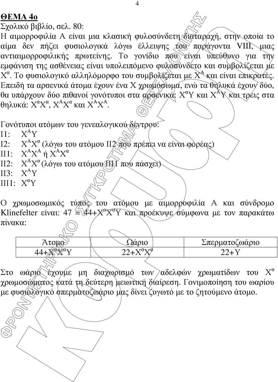 Το γονίδιο που είναι υπεύθυνο για την εµφάνιση της ασθένειας είναι υπολειπόµενο φυλοσύνδετο και συµβολίζεται µε Χ α. Το φυσιολογικό αλληλόµορφο του συµβολίζεται µε Χ Α και είναι επικρατές.