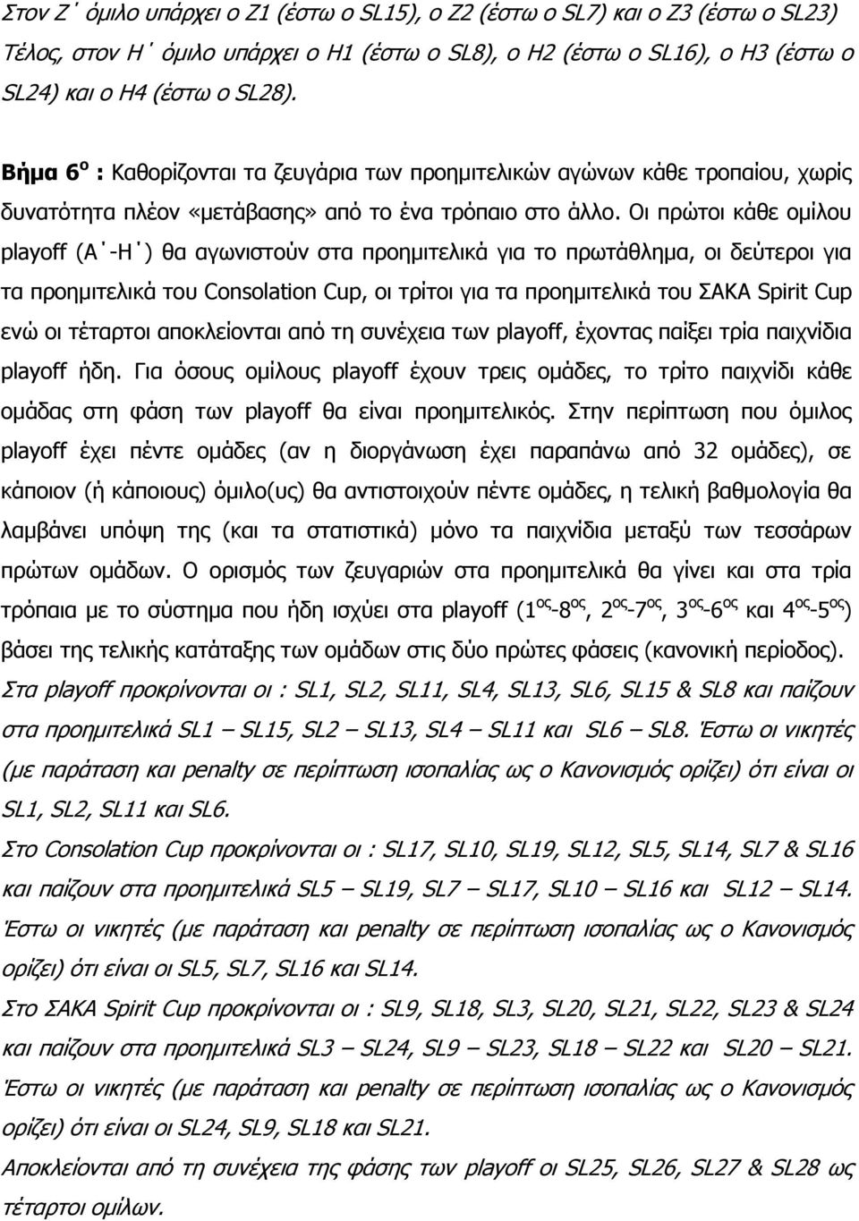 Οη πξώηνη θάζε νκίινπ playoff (Α -Ζ ) ζα αγσληζηνύλ ζηα πξνεκηηειηθά γηα ην πξσηάζιεκα, νη δεύηεξνη γηα ηα πξνεκηηειηθά ηνπ Consolation Cup, νη ηξίηνη γηα ηα πξνεκηηειηθά ηνπ ΣΑΘΑ Spirit Cup ελώ νη