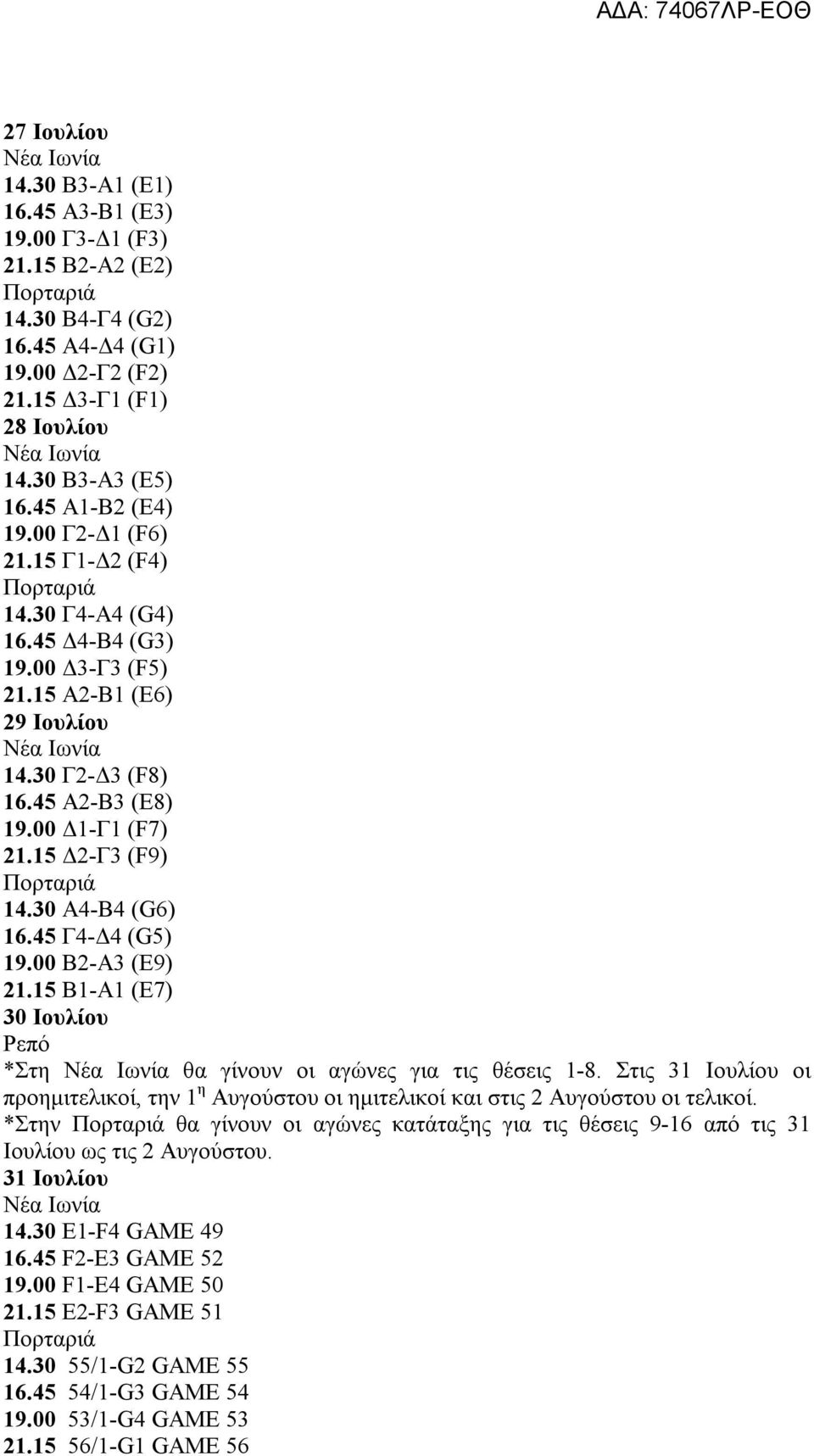 45 Γ4-Δ4 (G5) 19.00 Β2-Α3 (E9) 21.15 Β1-Α1 (E7) 30 Ιουλίου Ρεπό *Στη θα γίνουν οι αγώνες για τις θέσεις 1-8.