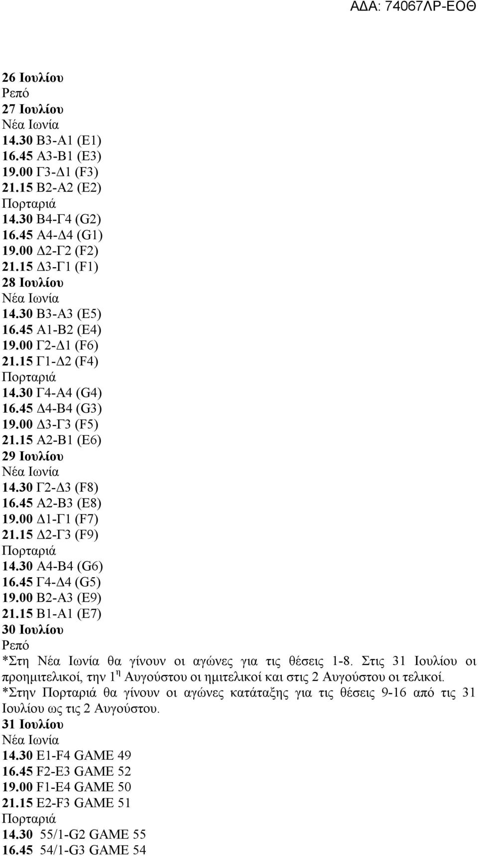 30 Α4-Β4 (G6) 16.45 Γ4-Δ4 (G5) 19.00 Β2-Α3 (E9) 21.15 Β1-Α1 (E7) 30 Ιουλίου Ρεπό *Στη θα γίνουν οι αγώνες για τις θέσεις 1-8.
