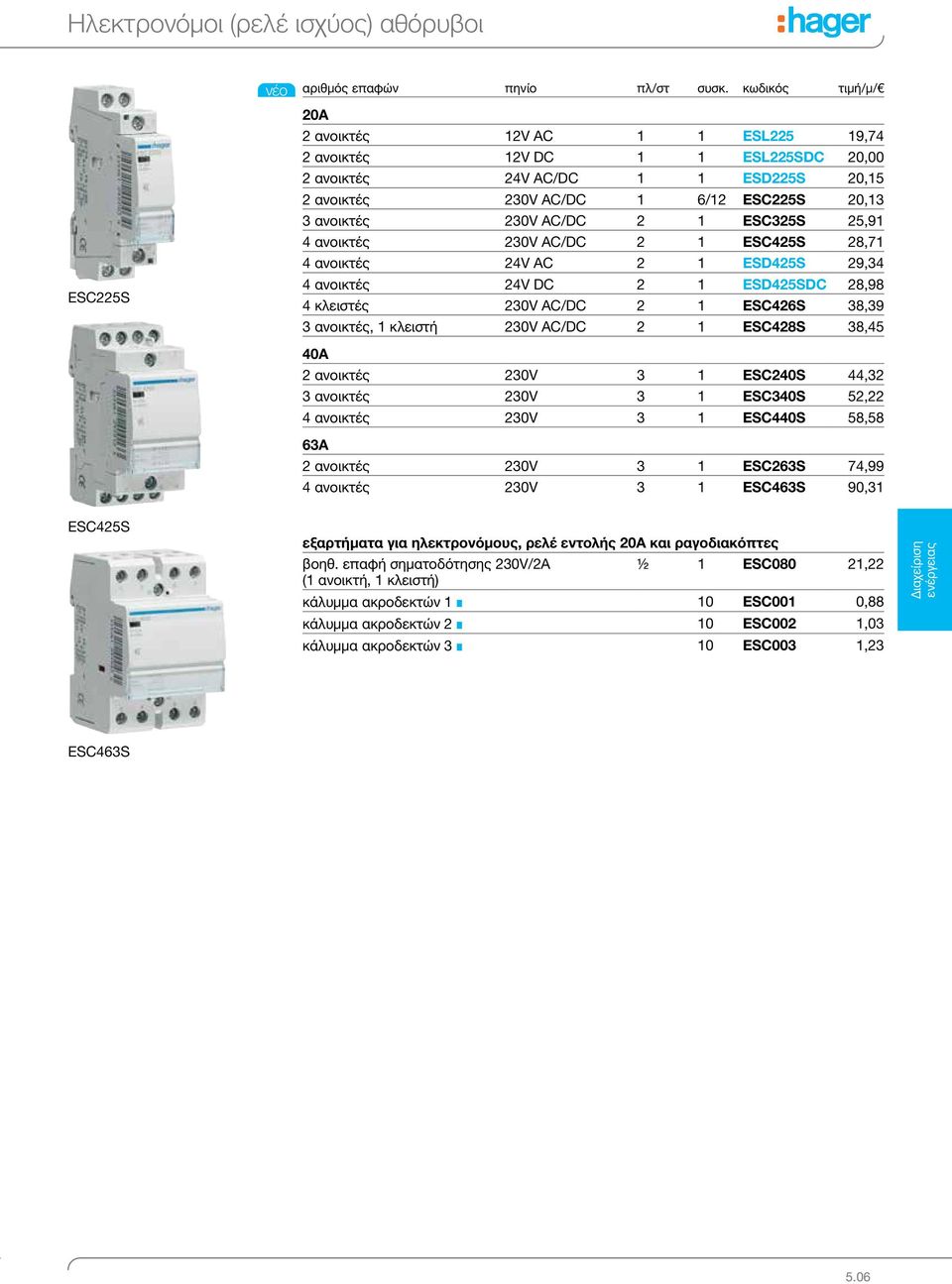 230V AC/DC 2 1 ESC426S 38,39 3 ανοικτές, 1 κλειστή 230V AC/DC 2 1 ESC428S 38,45 40A 2 ανοικτές 230V 3 1 ESC240S 44,32 3 ανοικτές 230V 3 1 ESC340S 52,22 4 ανοικτές 230V 3 1 ESC440S 58,58 63A 2