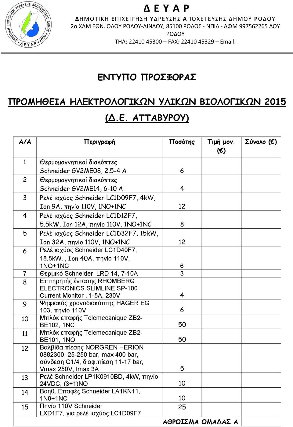 ( ) Σύνολο ( ) 1 Θερμομαγνητικοί διακόπτες Schneider GV2ΜΕ08, 2.