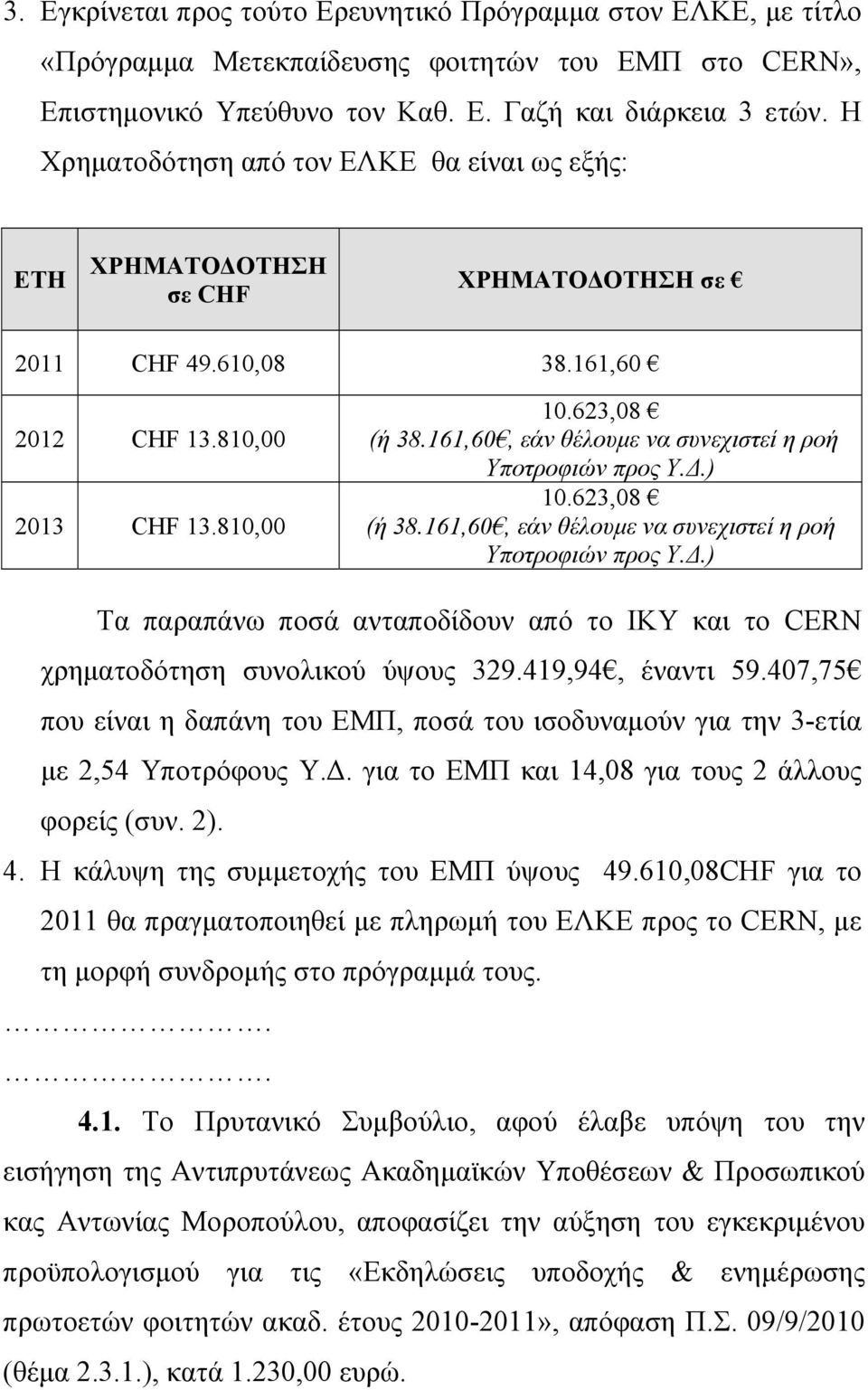 161,60, εάν θέλουμε να συνεχιστεί η ροή Υποτροφιών προς Υ.Δ.) 10.623,08 (ή 38.161,60, εάν θέλουμε να συνεχιστεί η ροή Υποτροφιών προς Υ.Δ.) Τα παραπάνω ποσά ανταποδίδουν από το ΙΚΥ και το CERN χρηματοδότηση συνολικού ύψους 329.