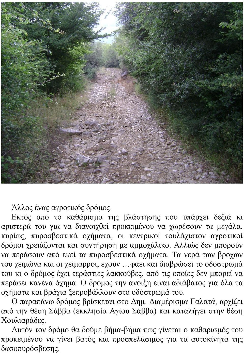 χρειάζονται και συντήρηση με αμμοχάλικο. Αλλιώς δεν μπορούν να περάσουν από εκεί τα πυροσβεστικά οχήματα.