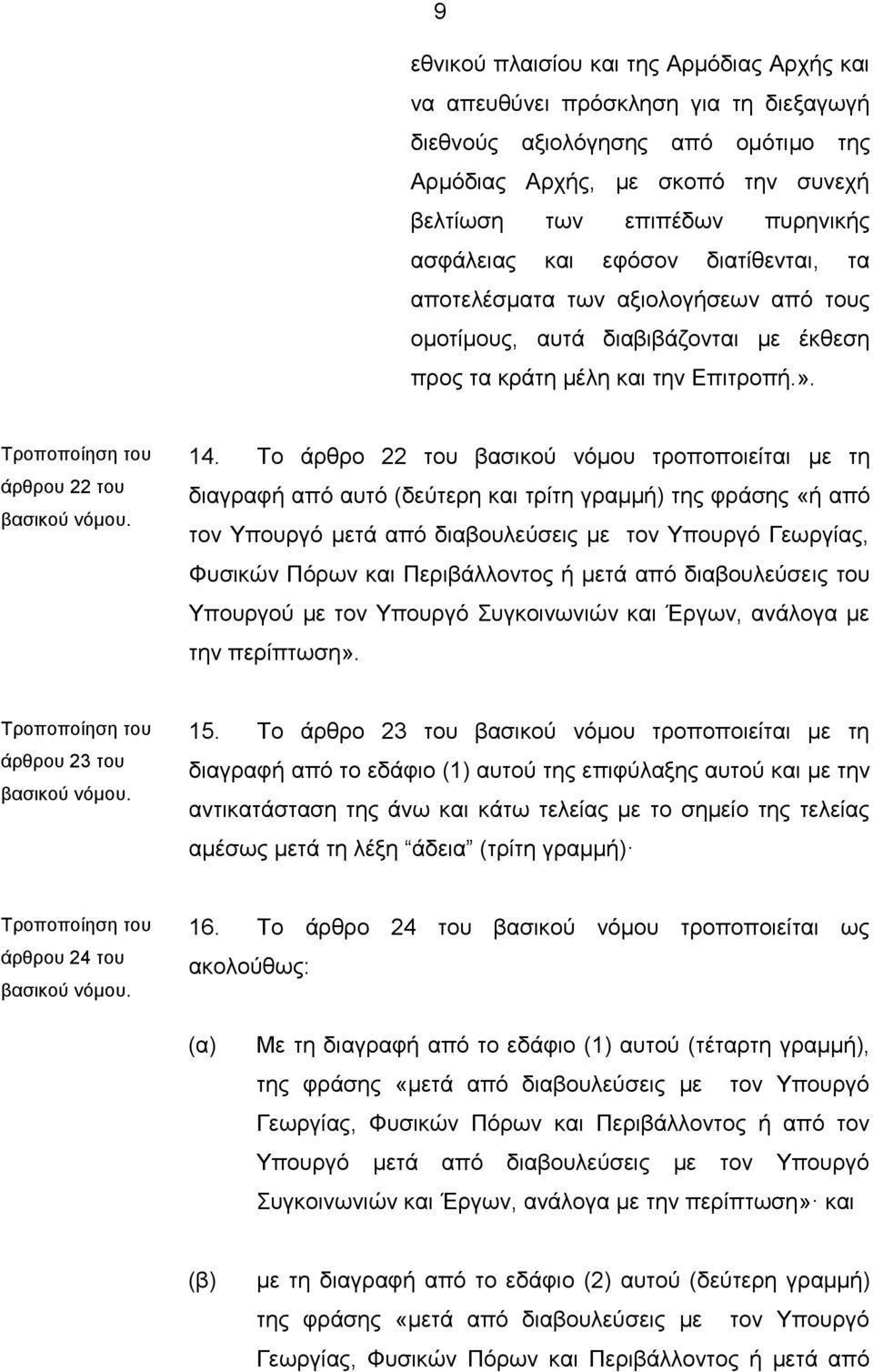 Το άρθρο 22 του βασικού νόμου τροποποιείται με τη διαγραφή από αυτό (δεύτερη και τρίτη γραμμή) της φράσης «ή από τον Υπουργό μετά από διαβουλεύσεις με τον Υπουργό Γεωργίας, Φυσικών Πόρων και
