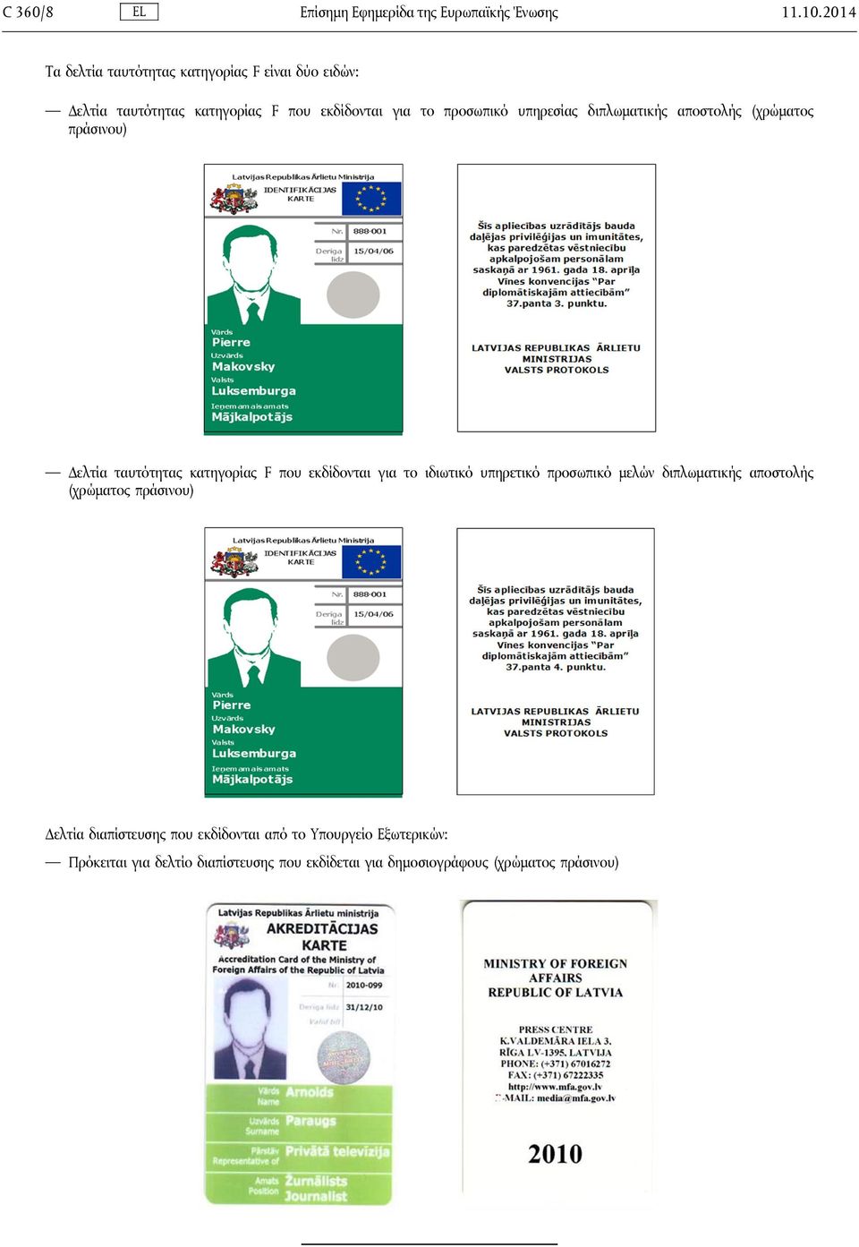 υπηρεσίας διπλωματικής αποστολής (χρώματος πράσινου) Δελτία ταυτότητας κατηγορίας F που εκδίδονται για το ιδιωτικό υπηρετικό