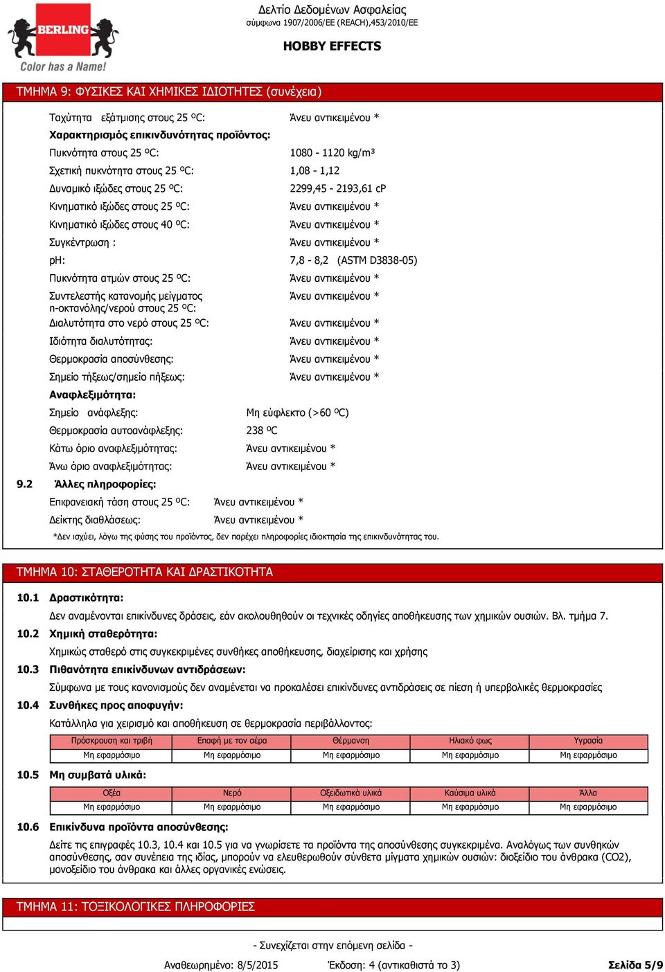 στους 25 ºC: Ιδιότητα διαλυτότητας: * 1080-1120 kg/m³ 1,08-1,12 2299,45-2193,61 cp * * * 7,8-8,2 (ASTM D3838-05) * * * * 9.