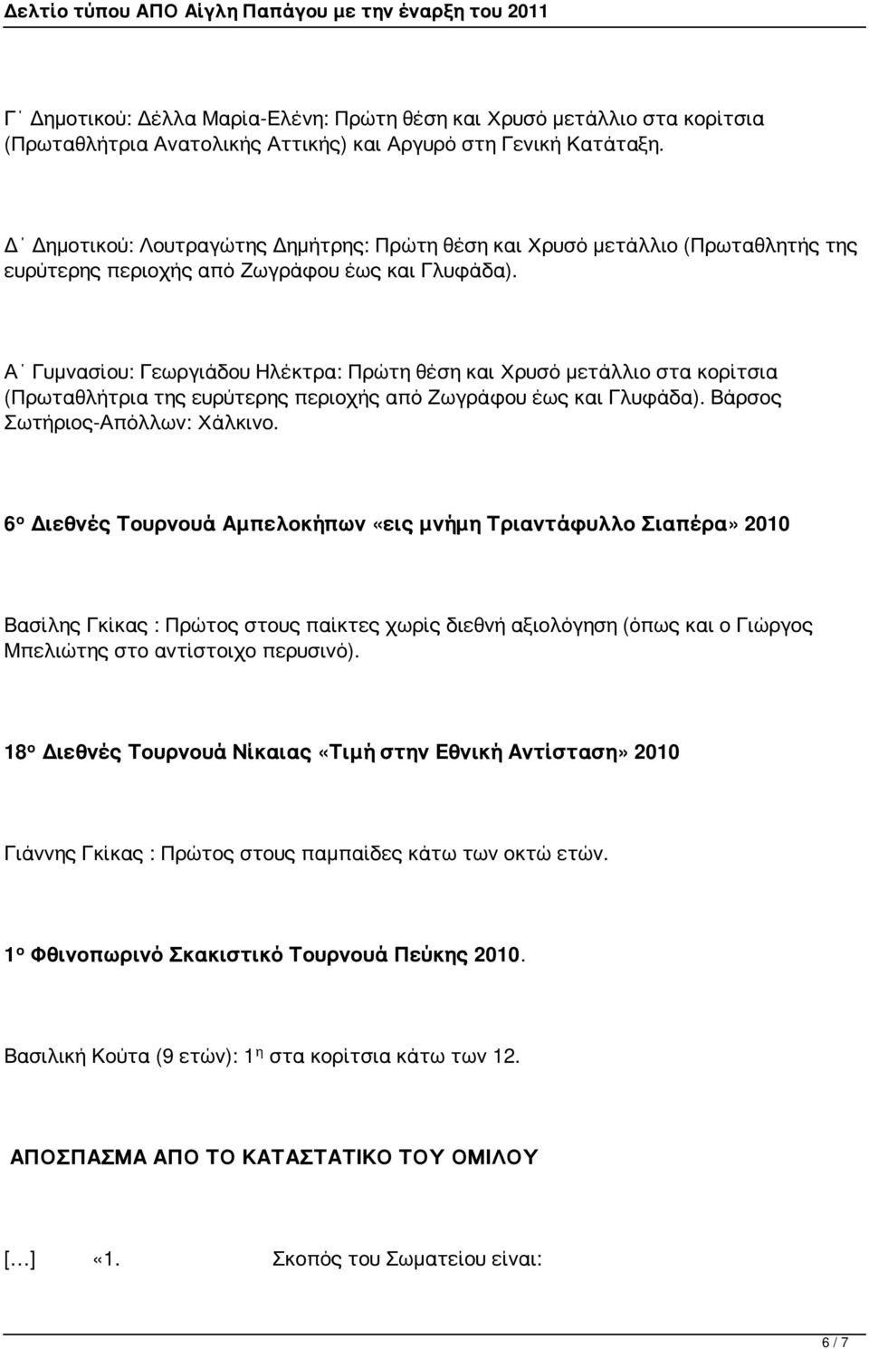 Α Γυμνασίου: Γεωργιάδου Ηλέκτρα: Πρώτη θέση και Χρυσό μετάλλιο στα κορίτσια (Πρωταθλήτρια της ευρύτερης περιοχής από Ζωγράφου έως και Γλυφάδα). Βάρσος Σωτήριος-Απόλλων: Χάλκινο.