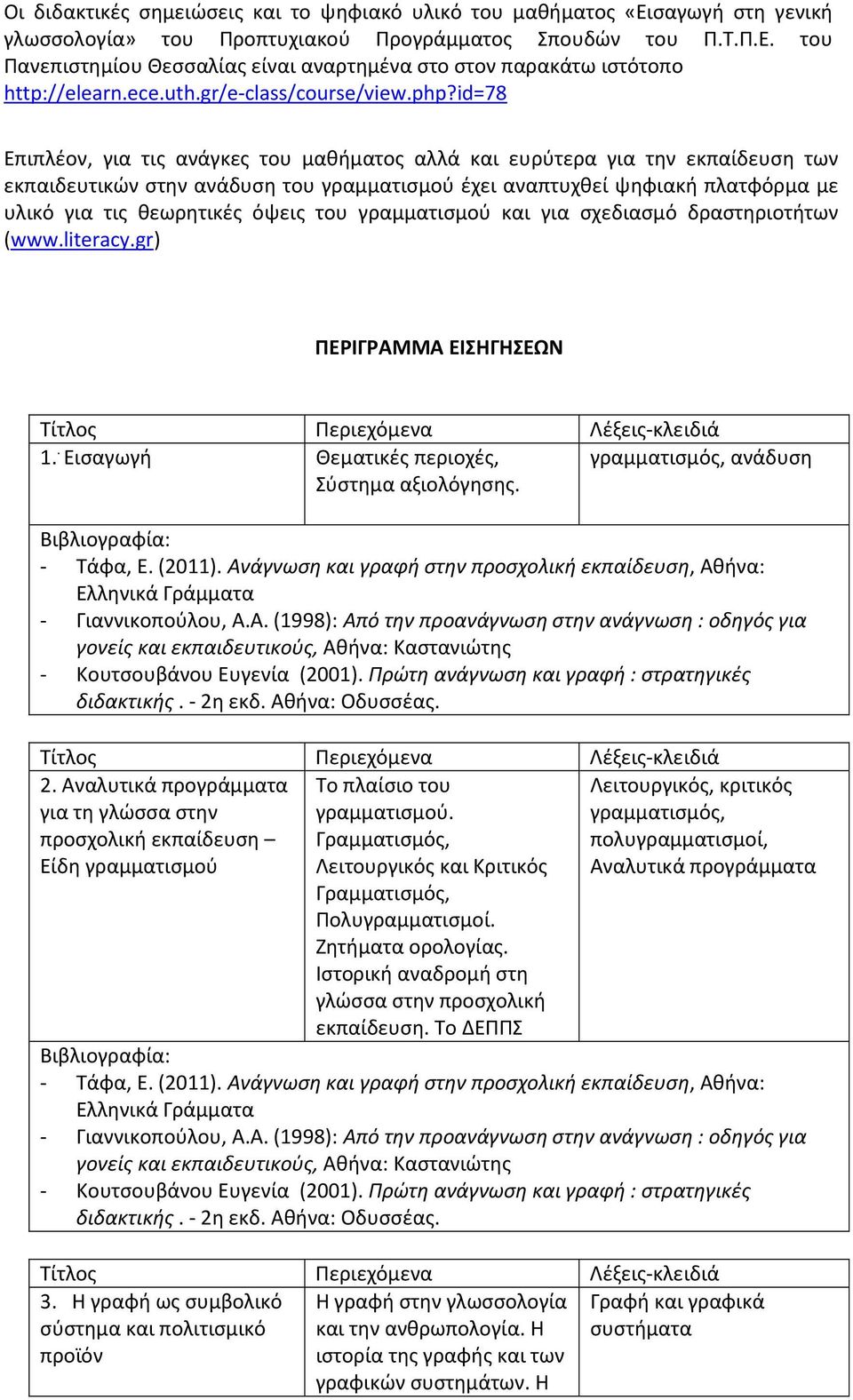 id=78 Επιπλέον, για τις ανάγκες του μαθήματος αλλά και ευρύτερα για την εκπαίδευση των εκπαιδευτικών στην ανάδυση του γραμματισμού έχει αναπτυχθεί ψηφιακή πλατφόρμα με υλικό για τις θεωρητικές όψεις