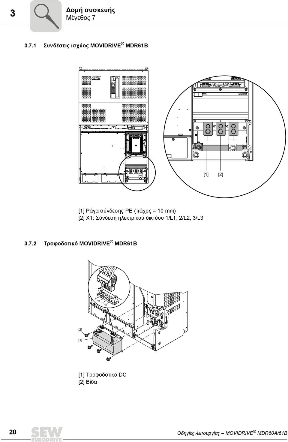(πάχος = 10 mm) [2] X1: Σύνδεση ηλεκτρικού δικτύου 1/L1, 2/L2, 3/L3 3.7.
