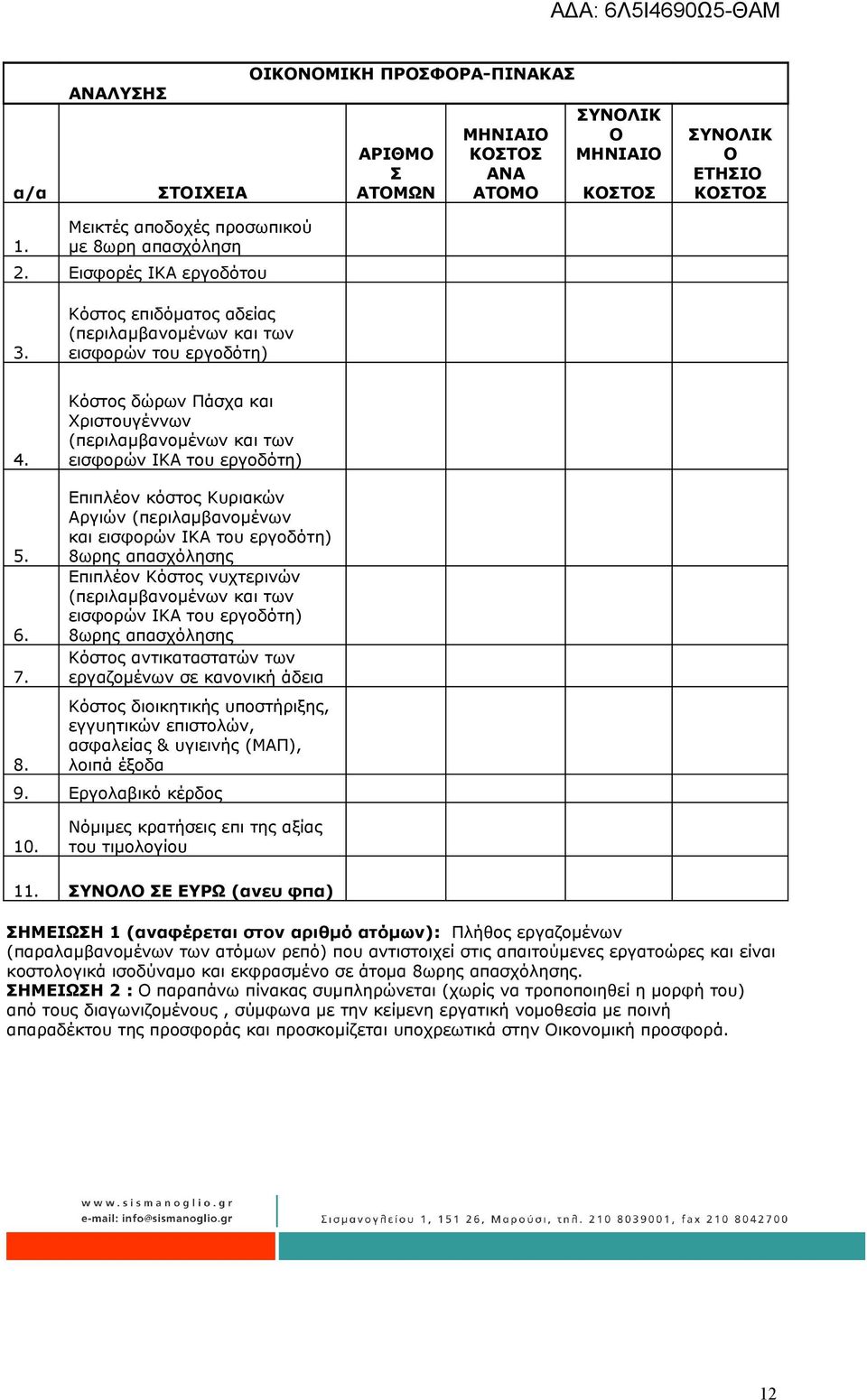 7. 8. Επιπλέον κόστος Κυριακών Αργιών (περιλαμβανομένων και εισφορών ΙΚΑ του εργοδότη) 8ωρης απασχόλησης Επιπλέον Κόστος νυχτερινών (περιλαμβανομένων και των εισφορών ΙΚΑ του εργοδότη) 8ωρης