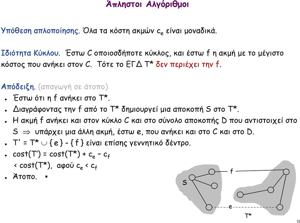 (απαγωγή σε άτοπο) Έστω ότι η f ανήκει στο T*. Διαγράφοντας την f από το T* δημιουργεί μια αποκοπή S στο T*.