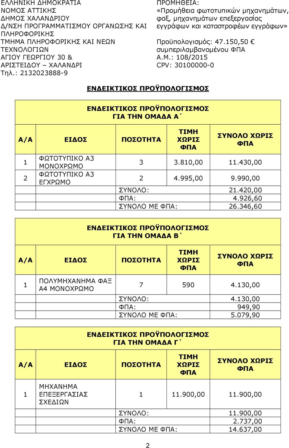80,00.430,00 2 4.995,00 9.990,00 ΣΥΝΟΛΟ: 2.420,00 : 4.926,60 ΣΥΝΟΛΟ ΜΕ : 26.346,60 ΕΝΔΕΙΚΤΙΚΟΣ ΠΡΟΫΠΟΛΟΓΙΣΜΟΣ ΓΙΑ ΤΗΝ ΟΜΑΔΑ Β ΕΙΔΟΣ ΠΟΣΟΤΗΤΑ ΧΩΡΙΣ ΣΥΝΟΛΟ ΧΩΡΙΣ ΠΟΛΥΜΗΧΑΝΗΜΑ ΦΑΞ Α4 ΜΟΝΟΧΡΩΜΟ 7 590 4.