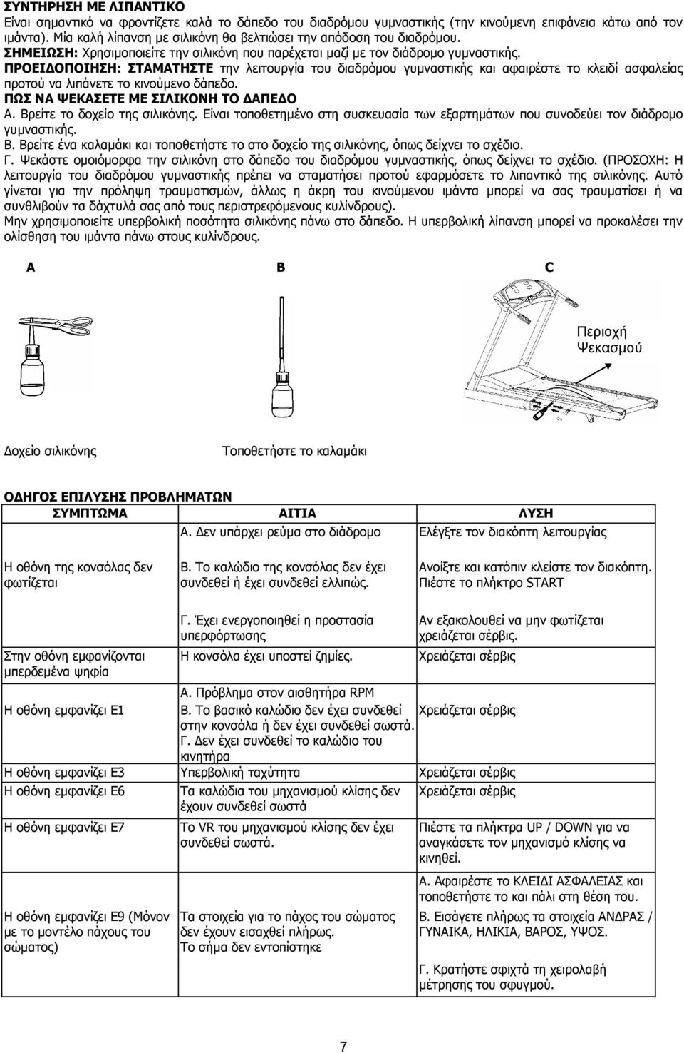 ΠΡΟΕΙ ΟΠΟΙΗΣΗ: ΣΤΑΜΑΤΗΣΤΕ την λειτουργία του διαδρόµου γυµναστικής και αφαιρέστε το κλειδί ασφαλείας προτού να λιπάνετε το κινούµενο δάπεδο. ΠΩΣ ΝΑ ΨΕΚΑΣΕΤΕ ΜΕ ΣΙΛΙΚΟΝΗ ΤΟ ΑΠΕ Ο Α.