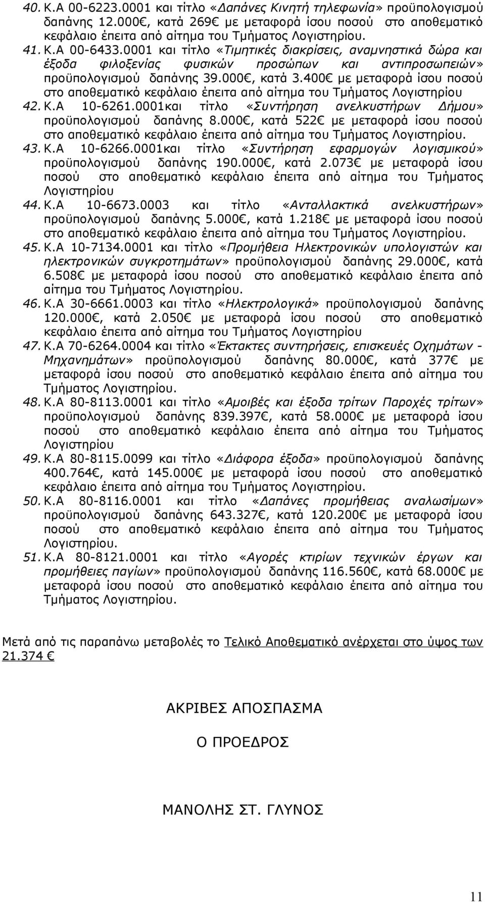 400 με μεταφορά ίσου ποσού στο αποθεματικό κεφάλαιο έπειτα από αίτημα του Τμήματος Λογιστηρίου 42. Κ.Α 10-6261.0001και τίτλο «Συντήρηση ανελκυστήρων Δήμου» προϋπολογισμού δαπάνης 8.