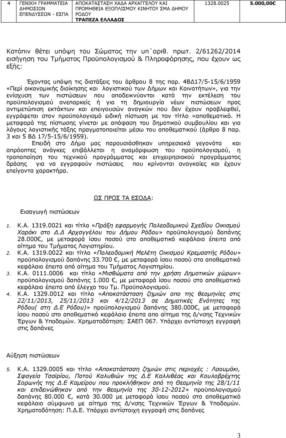 4ΒΔ17/5-15/6/1959 «Περί οικονομικής διοίκησης και λογιστικού των Δήμων και Κοινοτήτων», για την ενίσχυση των πιστώσεων που αποδεικνύονται κατά την εκτέλεση του προϋπολογισμού ανεπαρκείς ή για τη