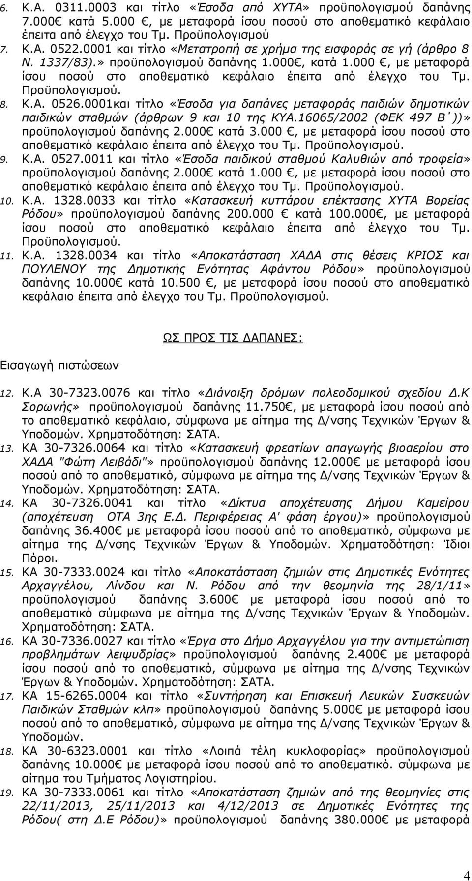 0001και τίτλο «Έσοδα για δαπάνες μεταφοράς παιδιών δημοτικών παιδικών σταθμών (άρθρων 9 και 10 της ΚΥΑ.16065/2002 (ΦΕΚ 497 Β ))» προϋπολογισμού δαπάνης 2.000 κατά 3.