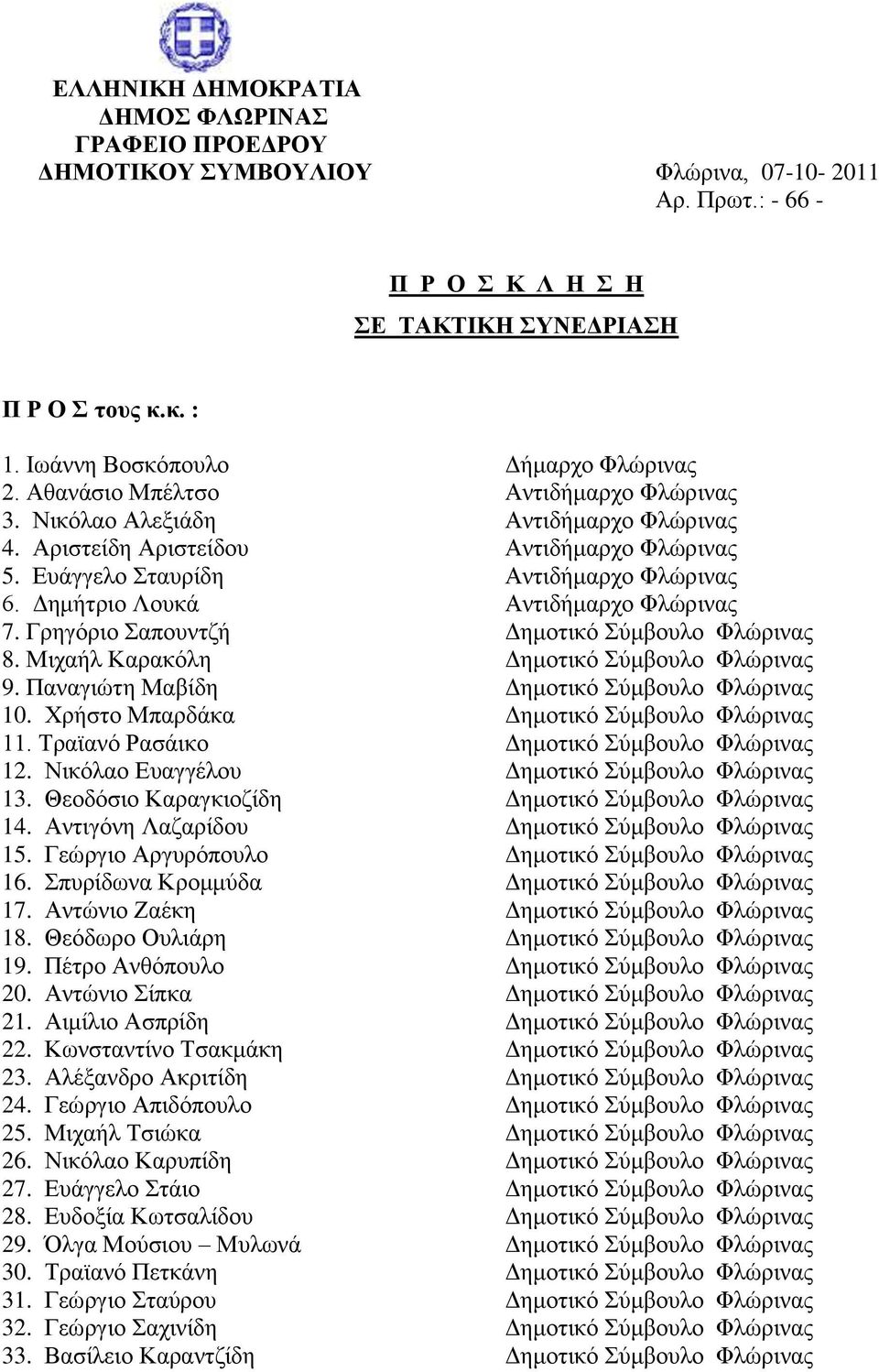 Γεκήηξην Λνπθά Αληηδήκαξρν Φιψξηλαο 7. Γξεγφξην απνπληδή Γεκνηηθφ χκβνπιν Φιψξηλαο 8. Μηραήι Καξαθφιε Γεκνηηθφ χκβνπιν Φιψξηλαο 9. Παλαγηψηε Μαβίδε Γεκνηηθφ χκβνπιν Φιψξηλαο 10.