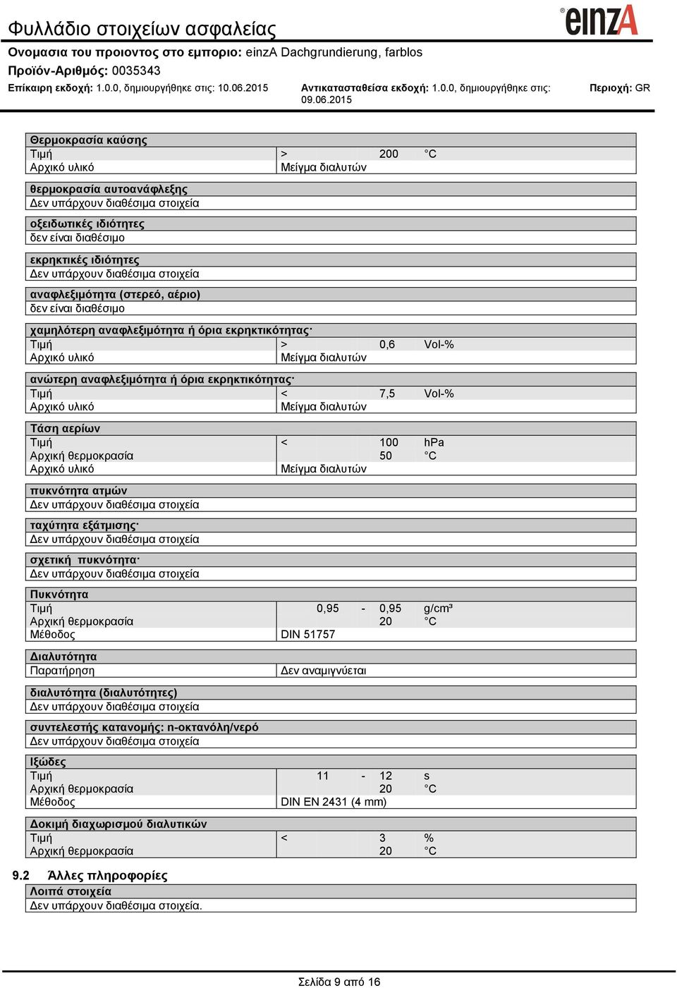 εκρηκτικότητας Τιμή < 7,5 Vol-% Αρχικό υλικό Μείγμα διαλυτών Τάση αερίων Τιμή < 100 hpa Αρχική θερμοκρασία 50 C Αρχικό υλικό Μείγμα διαλυτών πυκνότητα ατμών ταχύτητα εξάτμισης σχετική πυκνότητα